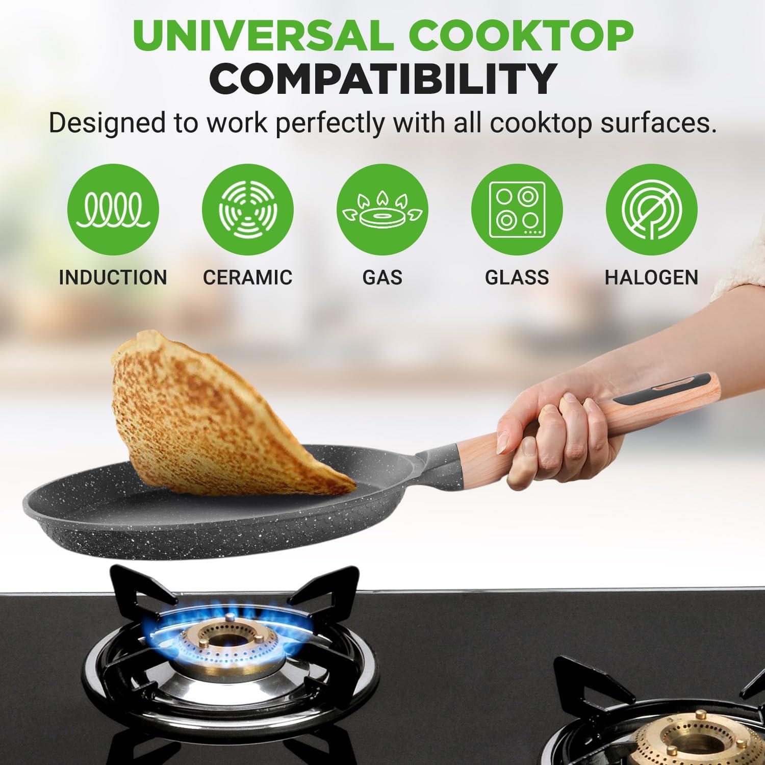 NutriChef Nutrichef 9.45” Non-Stick Crepe Pan With Wooden Spreader, Durable Marble Coated Dosa Pan, Bakelite Handle And Induction Bottom, Pfoa/Pfos Free, Dishwasher Safe, Even Heat Distribution