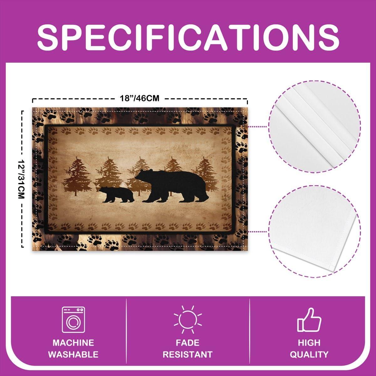 Bear Placemats Set of 4,Wild Animal Table Place Mats,Rustic Cabin Country Nature Wildlife Bear Brown Black Placemat for Kitchen Dining Table Decoration Indoor Outdoor 18"x12"
