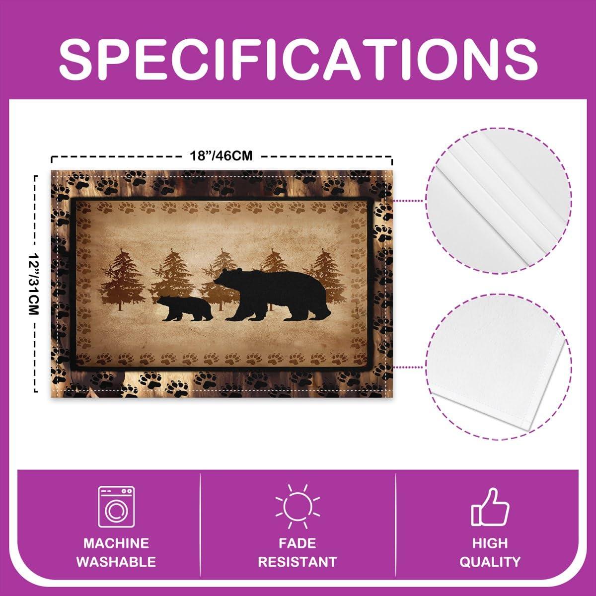 Bear Placemats Set of 4,Wild Animal Table Place Mats,Rustic Cabin Country Nature Wildlife Bear Brown Black Placemat for Kitchen Dining Table Decoration Indoor Outdoor 18"x12"