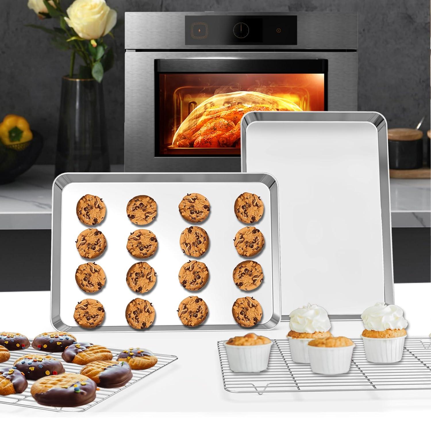 Baking Sheet with Rack Set [2 Pans + 2 Racks ] HKJ Chef Stainless Steel Cookie Sheet Baking Pan Tray with Cooling Rack, Size 9x7x1 Inch, Non Toxic & Heavy Duty & Easy Clean