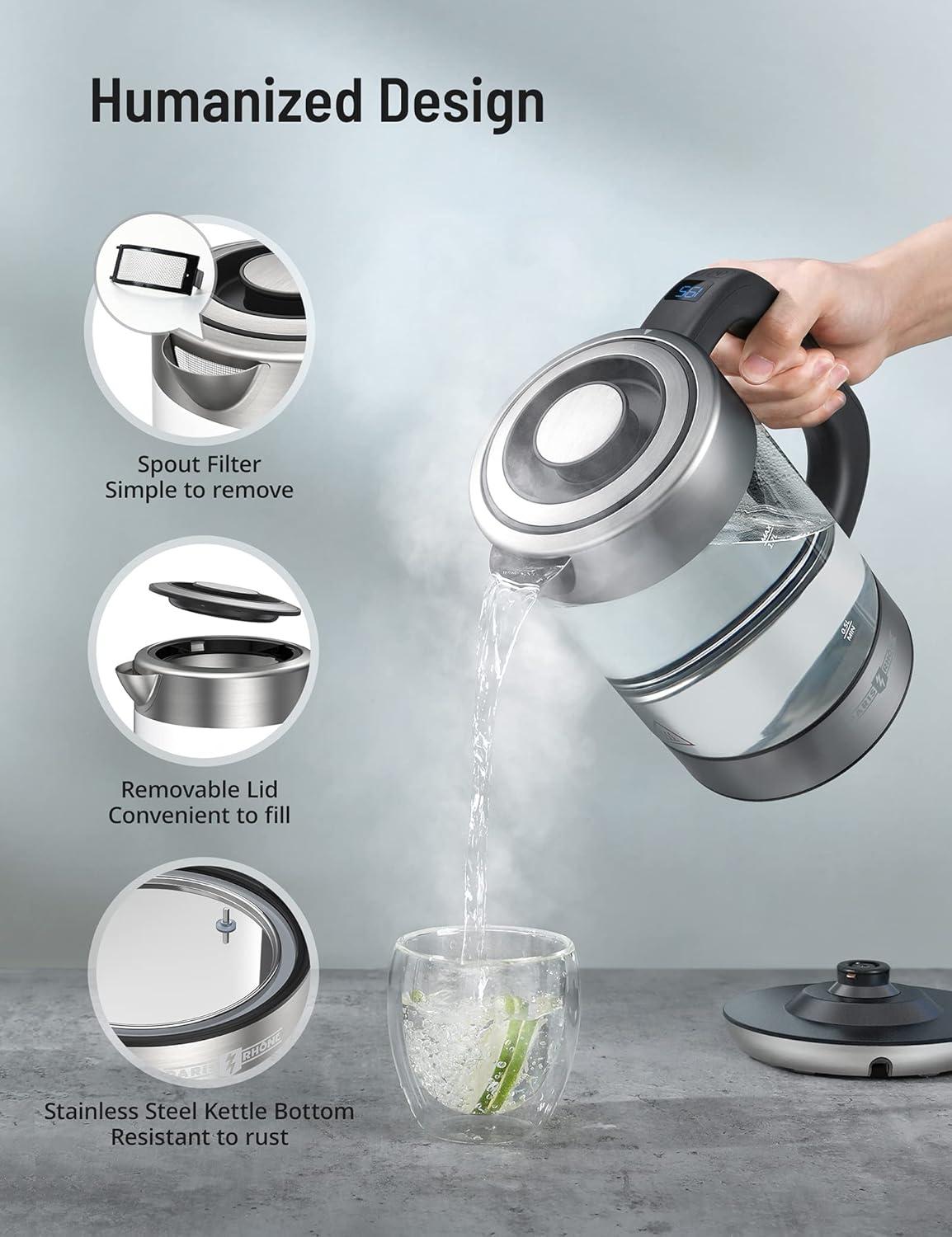 Electric Kettle,Tea Kettle Temperature Control with 6 Temperature Settings,Paris Rhône1.7L Glass&Stainless Steel Heater,Touch Control,LED Screen,Keep Warm Mode,Boil-Dry Protection,for Milk,Tea,Coffee