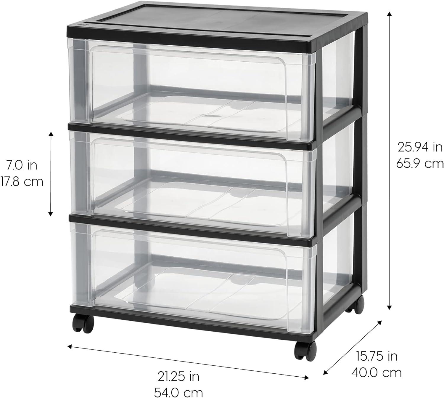 IRIS USA 3 Drawer Wide Storage Drawer Cart with Wheels, Plastic Rolling Dresser for Underdesk Home Closet Bedroom Bathroom Office Laundry Kitchen Craft Room Nursery and School Dorm, Black/Clear