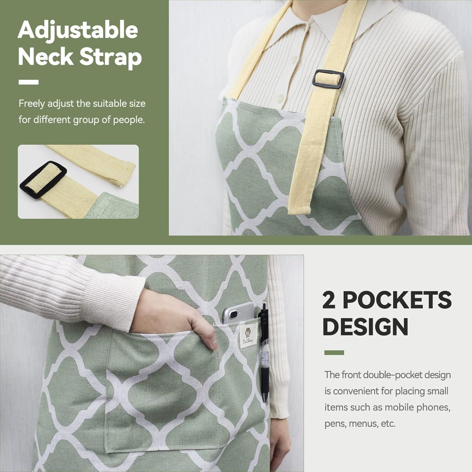 2 Pieces Aprons for Women with Pockets, Cotton Linen Waterproof Kitchen Cooking Aprons, Chef Apronfor Men Women with Adjustable Neck Strap and Long Ties(Grey/Green)