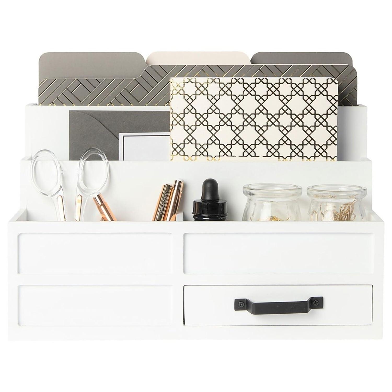 Blu Monaco White Desktop Organizer with Drawer - Paper Wood Bill & Mail Organizer for Office Desk, Countertop & Workspace Storage