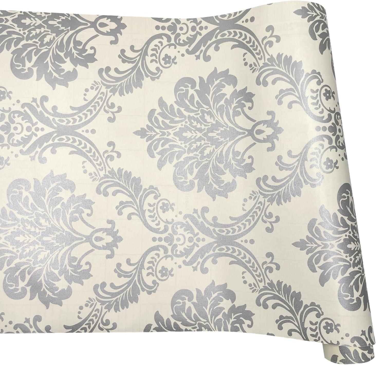 Yifely Vintage Gray Damask Removable PVC Shelf Drawer Liner Home Decor 17x118 Inch