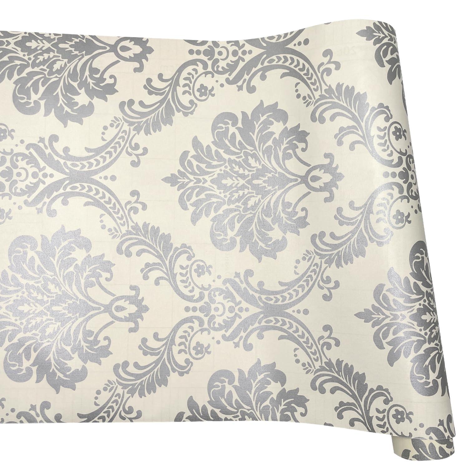 Yifely Vintage Gray Damask Removable PVC Shelf Drawer Liner Home Decor 17x118 Inch