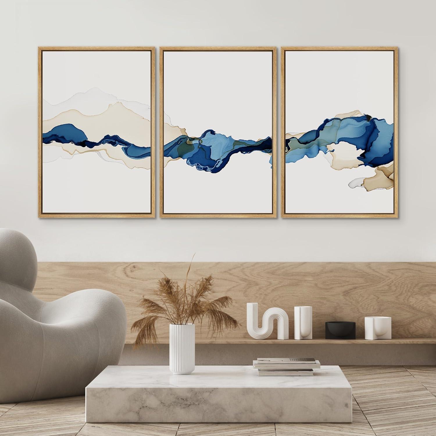 Blue and Brown Abstract Watercolor Canvas Triptych