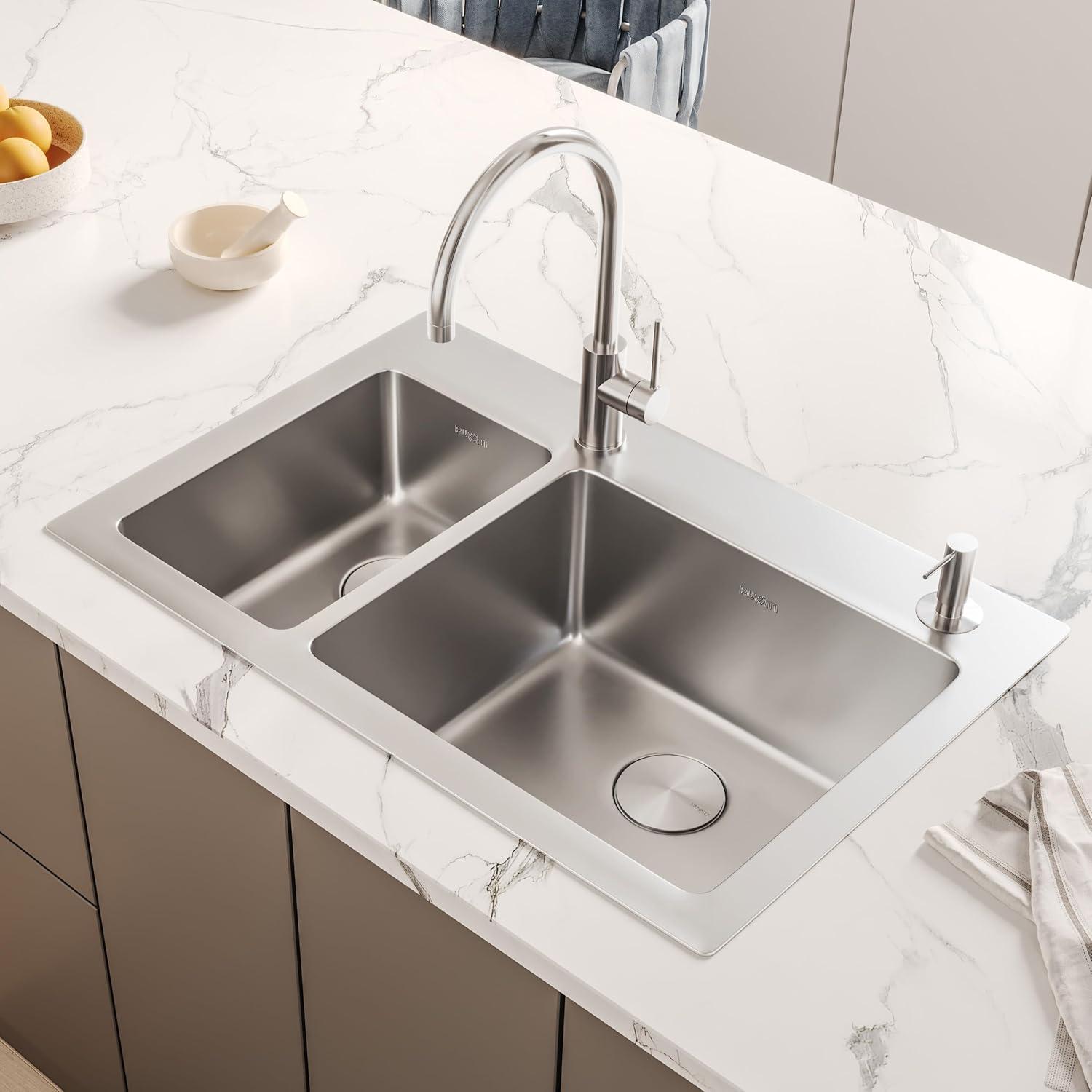 Ruvati 33 x 22 inch Drop-in Topmount Kitchen Sink 16 Gauge Stainless Steel 30/70 Double Bowl