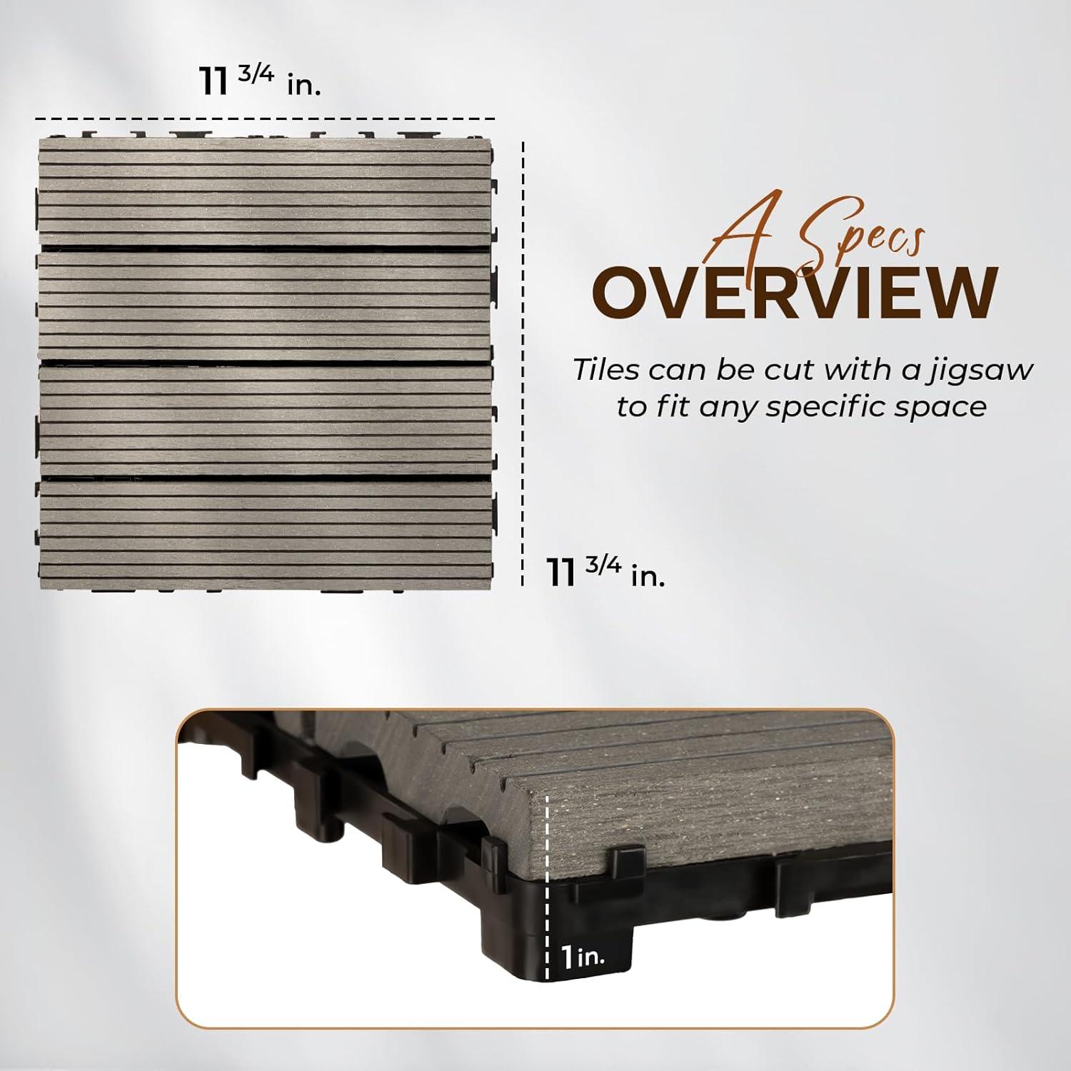 IDZO Wood Plastic Composite Deck Tiles Set of 10, Sustainable FSC Composite Decking Resist Rust, Water, Weather, Easy to DIY & Maintain, Ideal for Patios, Balconies, Rooftops, Decks - Grey