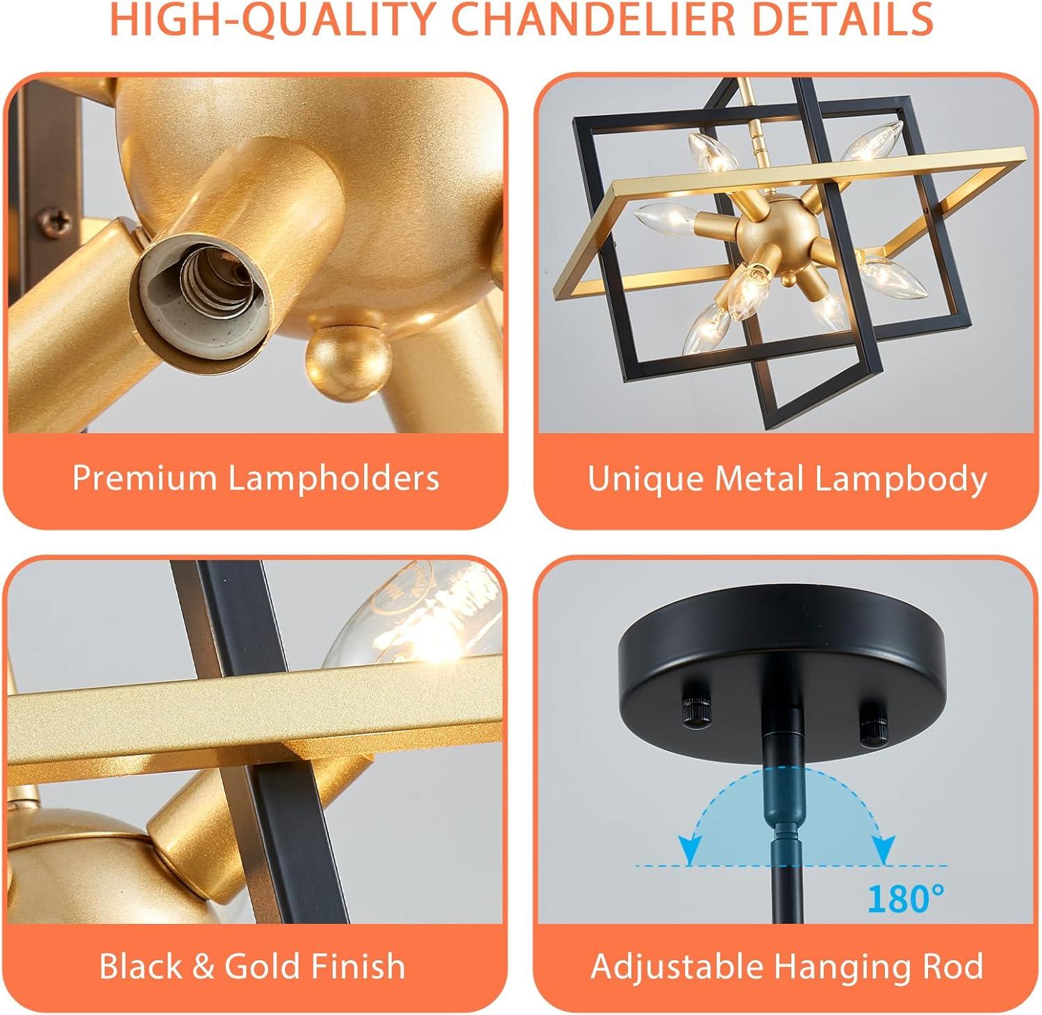 Modern Black and Gold Chandelier, 8-Light Geometric Pendant Light Fixture, Dining Light Fixtures Adjustable Chandelier for Dining Room Entryway Foyer Hallway Bedroom Living Room Kitchen Island