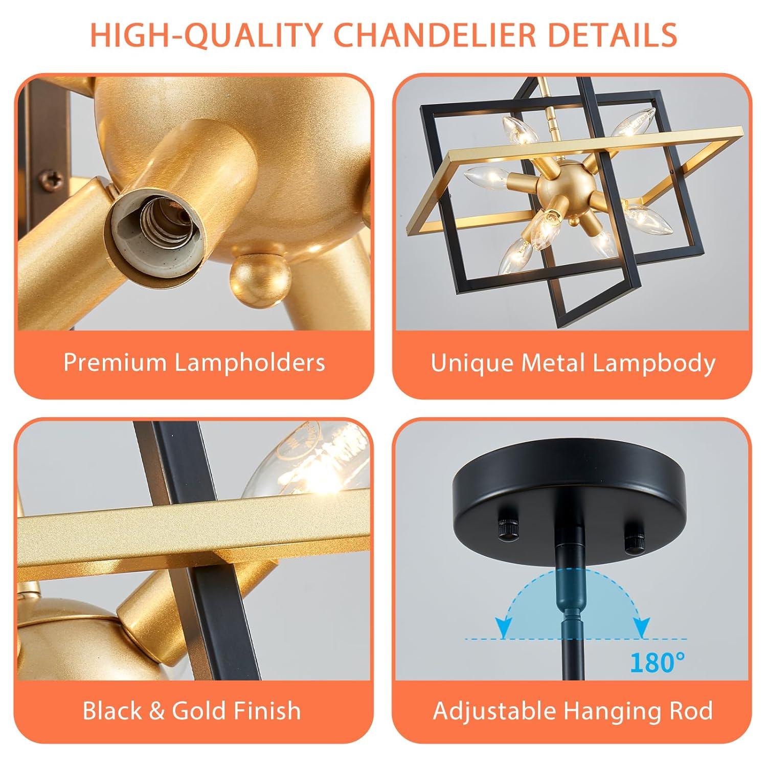 Modern Black and Gold Chandelier, 8-Light Geometric Pendant Light Fixture, Dining Light Fixtures Adjustable Chandelier for Dining Room Entryway Foyer Hallway Bedroom Living Room Kitchen Island