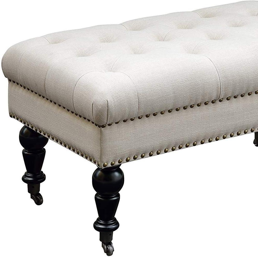 62" Isabelle Linen Tufted Bench with Nailhead Trim & Casters - Entryway, Bedroom - Linon