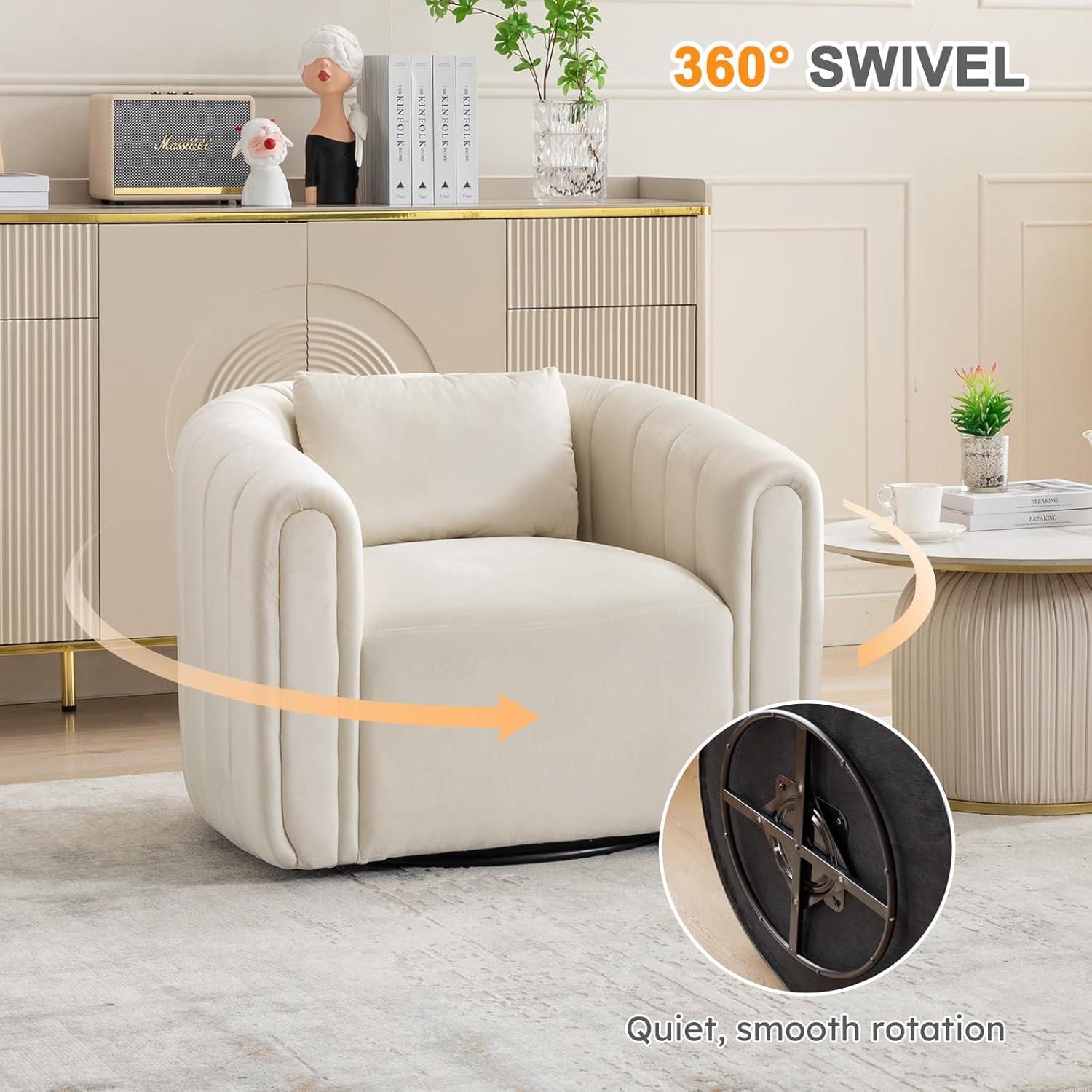 Bonzy Home Swivel Barrel Chair with Plump Pillow, Modern Channel Velvet Accent Chair, Comfy Round Armchair, Swivel Accent Chair for Living Room Bedroom (Beige)