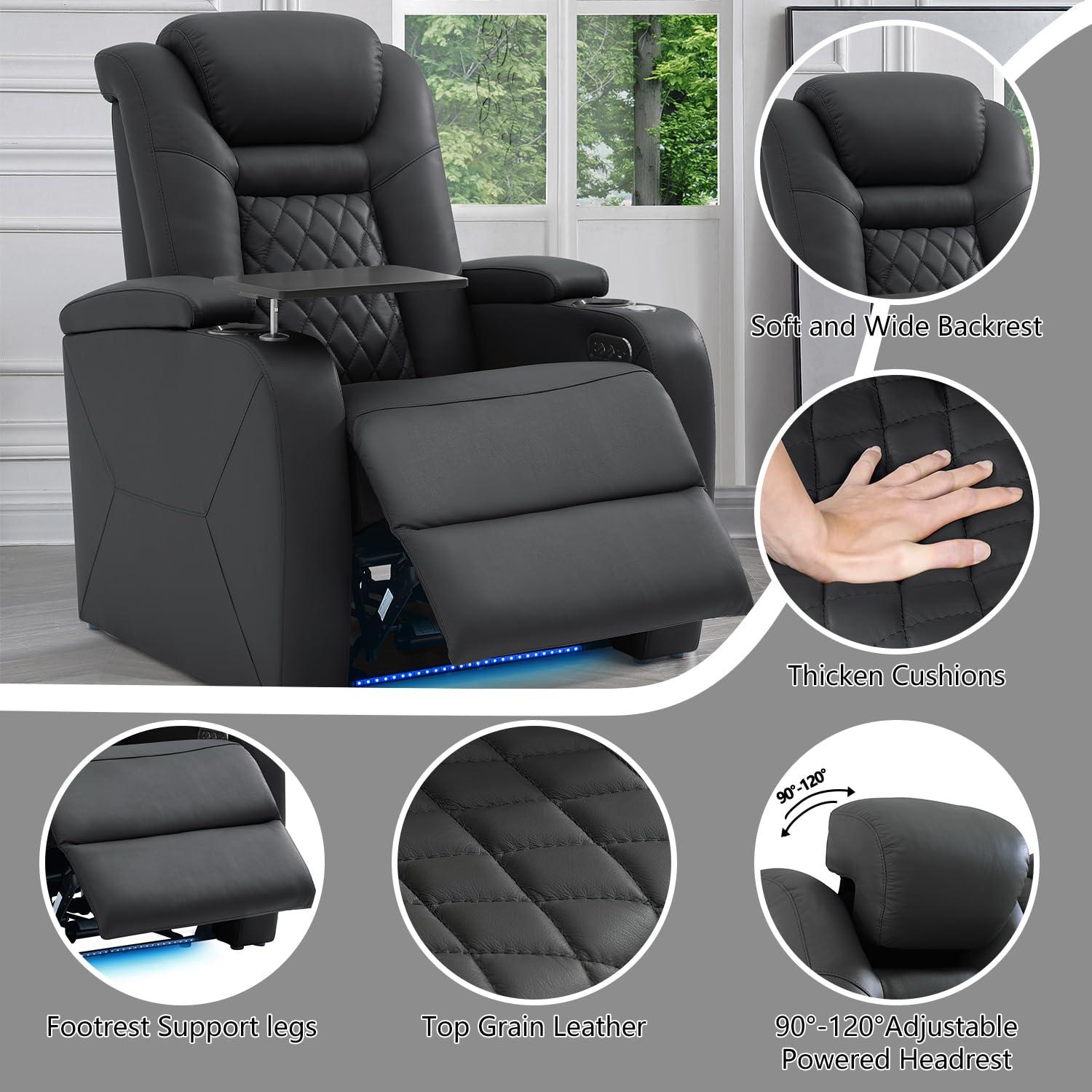Top Grain Leather Home Theater Seating Power Headrest & Memory Function, 7-Color Ambient Lighting, USB/Type-C Charging, Easy Assembly Electric Recliner Chair (Row of 3)