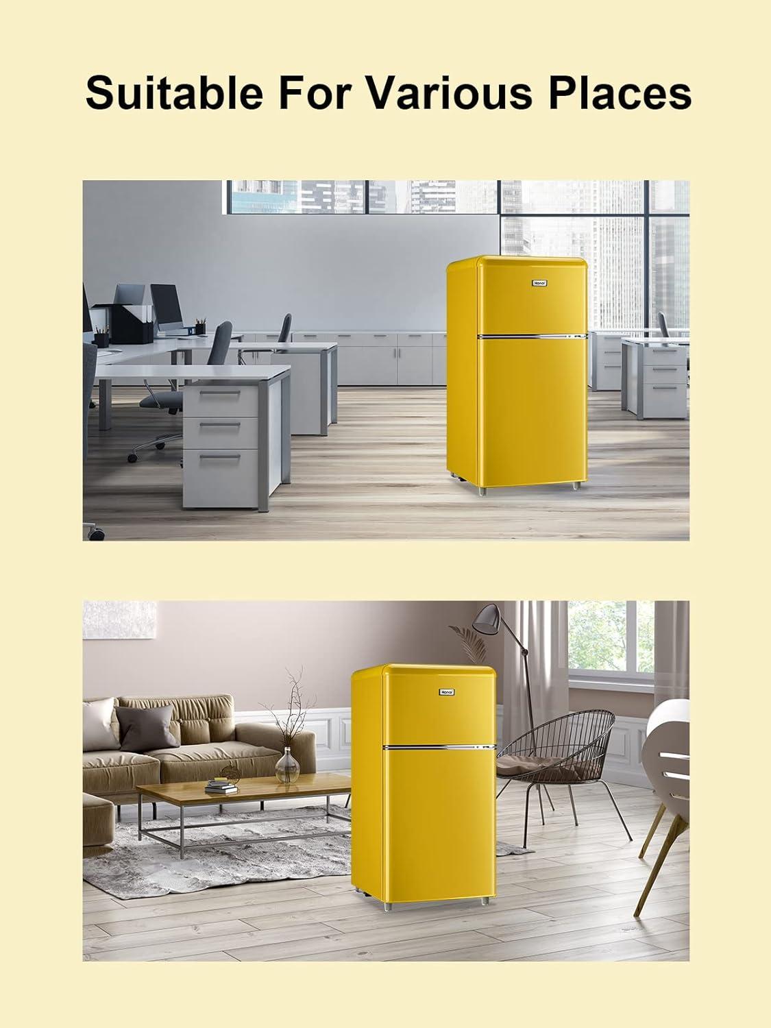 Yellow Compact Dual-Door Mini Fridge with Freezer for RV