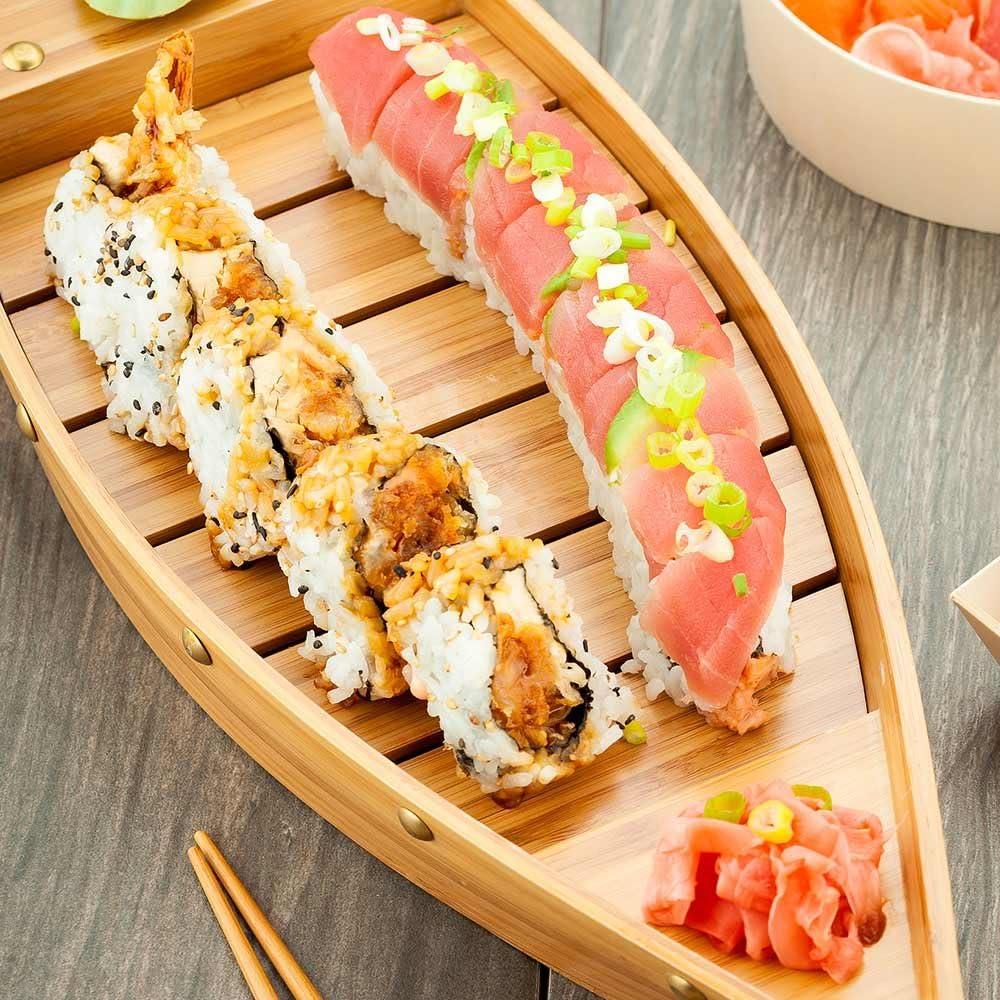 Large Natural Bamboo Sushi Boat Serving Tray with Brass-Inspired Hardware