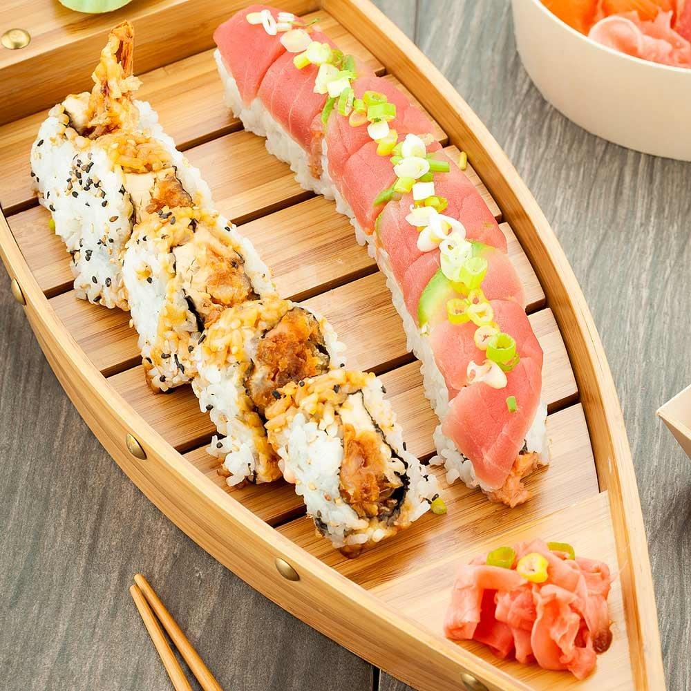 Large Natural Bamboo Sushi Boat Serving Tray with Brass-Inspired Hardware