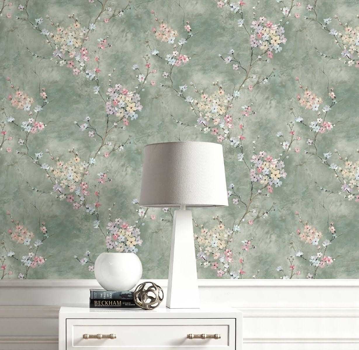 Green Smoke Floral Blossom Peel and Stick Wallpaper Roll