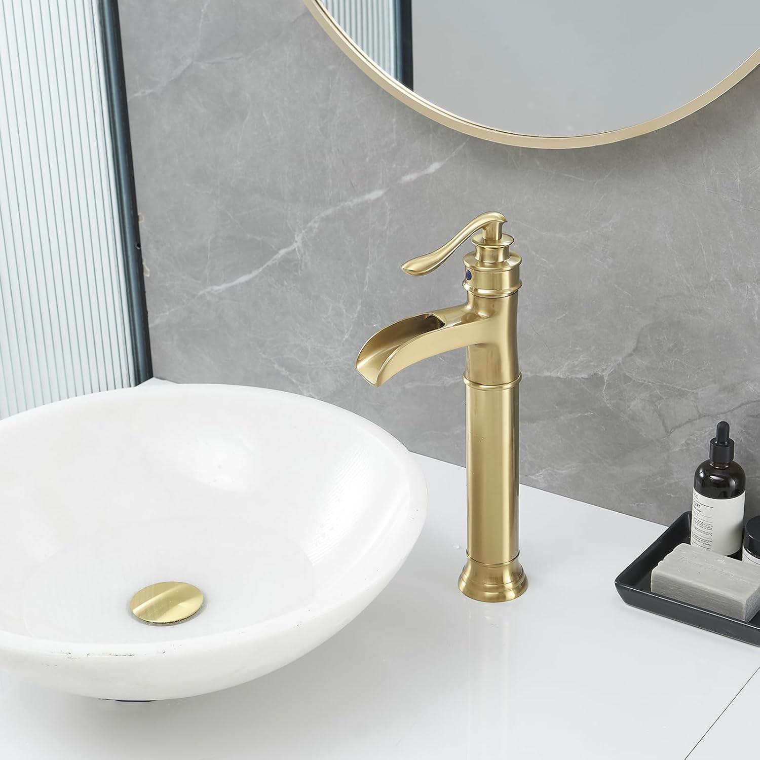 GGStudy Waterfall Single-Handle One Hole Bathroom Vessel Sink Faucet Matching Pop Up Drain Brushed Gold Farmhouse Bathroom Vanity Faucet