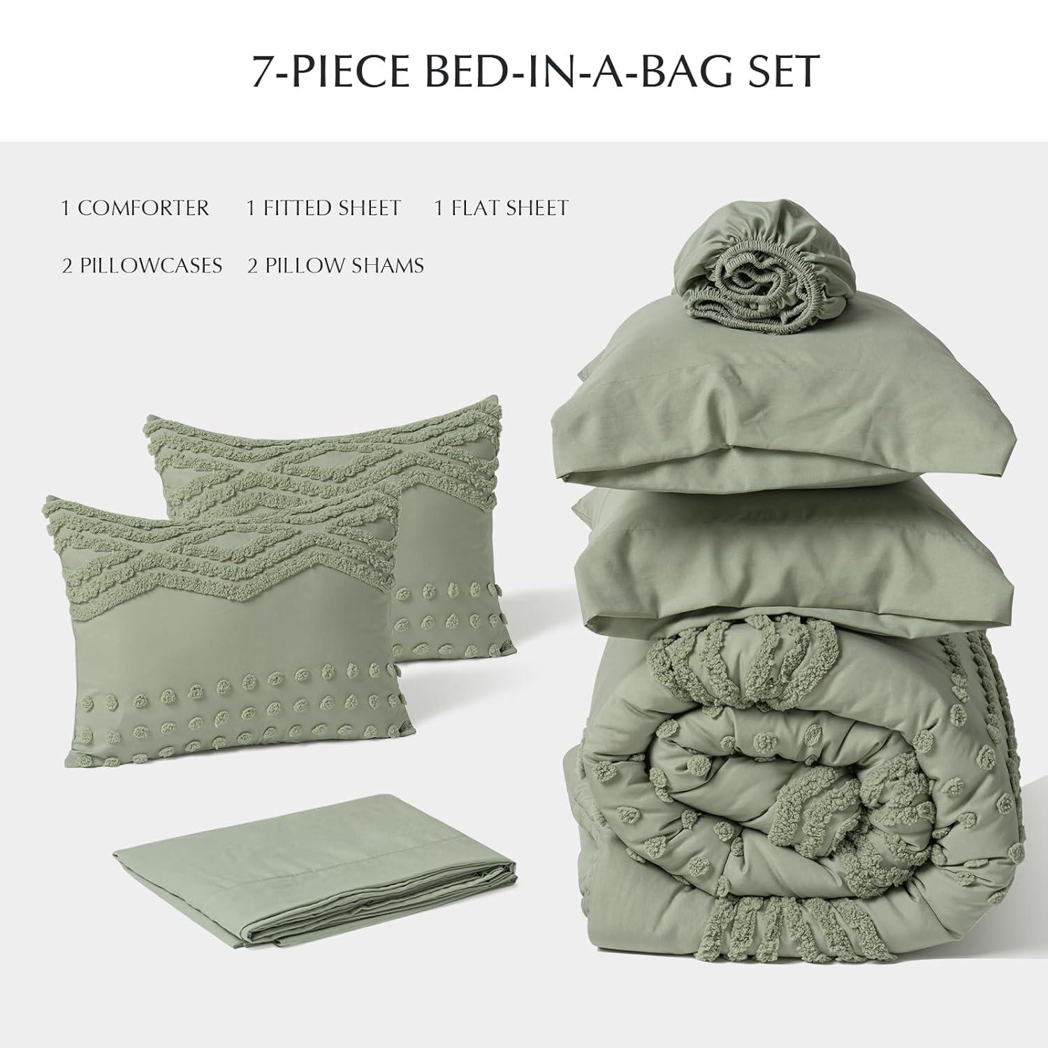 WURUIBO Tufted Shabby Chic 7 Piece Comforter Set - King Size, Soft Microfiber Boho Farmhouse Bedding - Green Jacquard Comforter, Sheets and Bedding Set for All Season