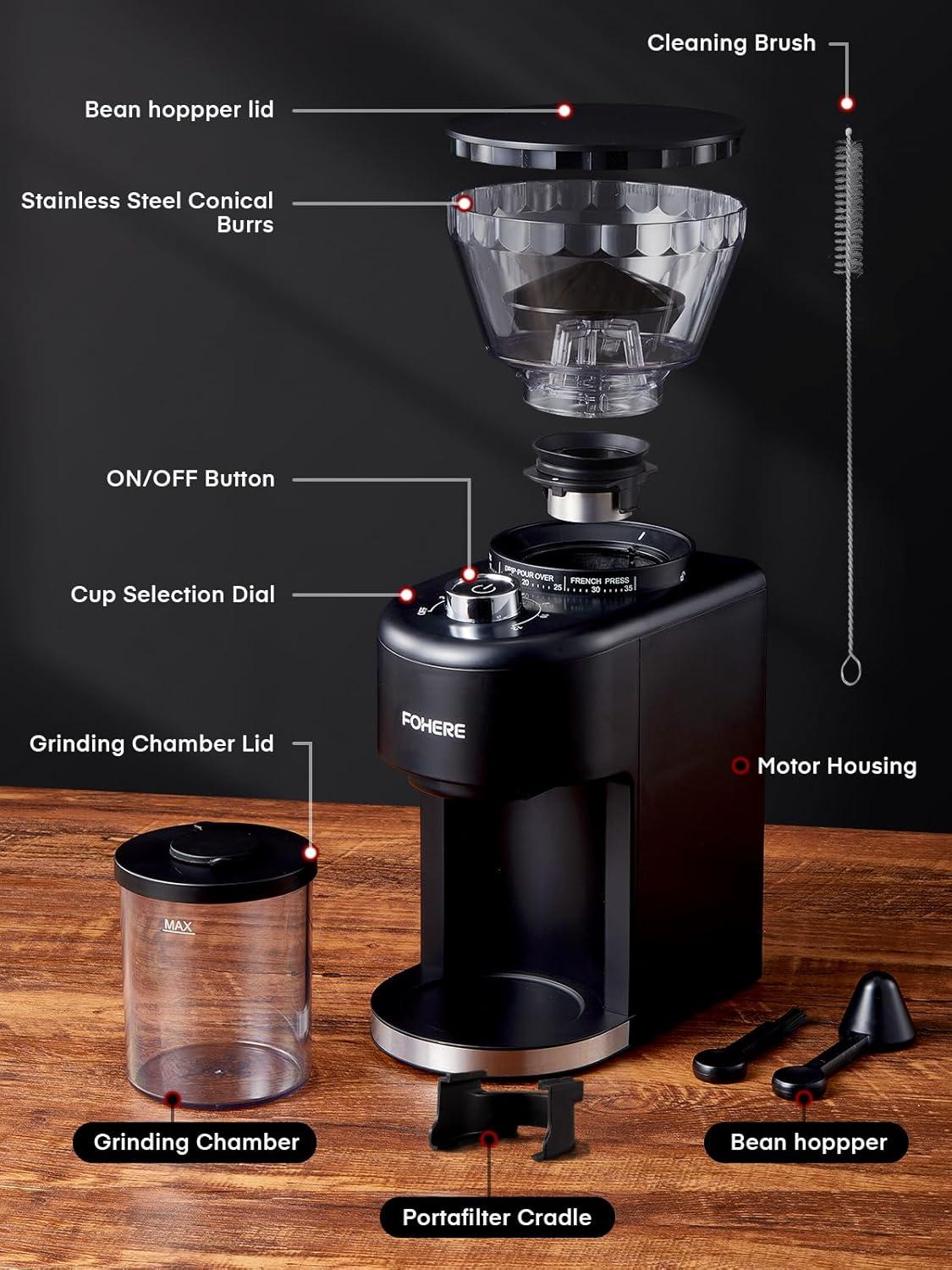 Anti-Static ABS Plastic Electric Coffee Grinder,  200W (AC 120V/60Hz) Motor, SUS420 Steel Conical Burr, 42dB Quiet Operation