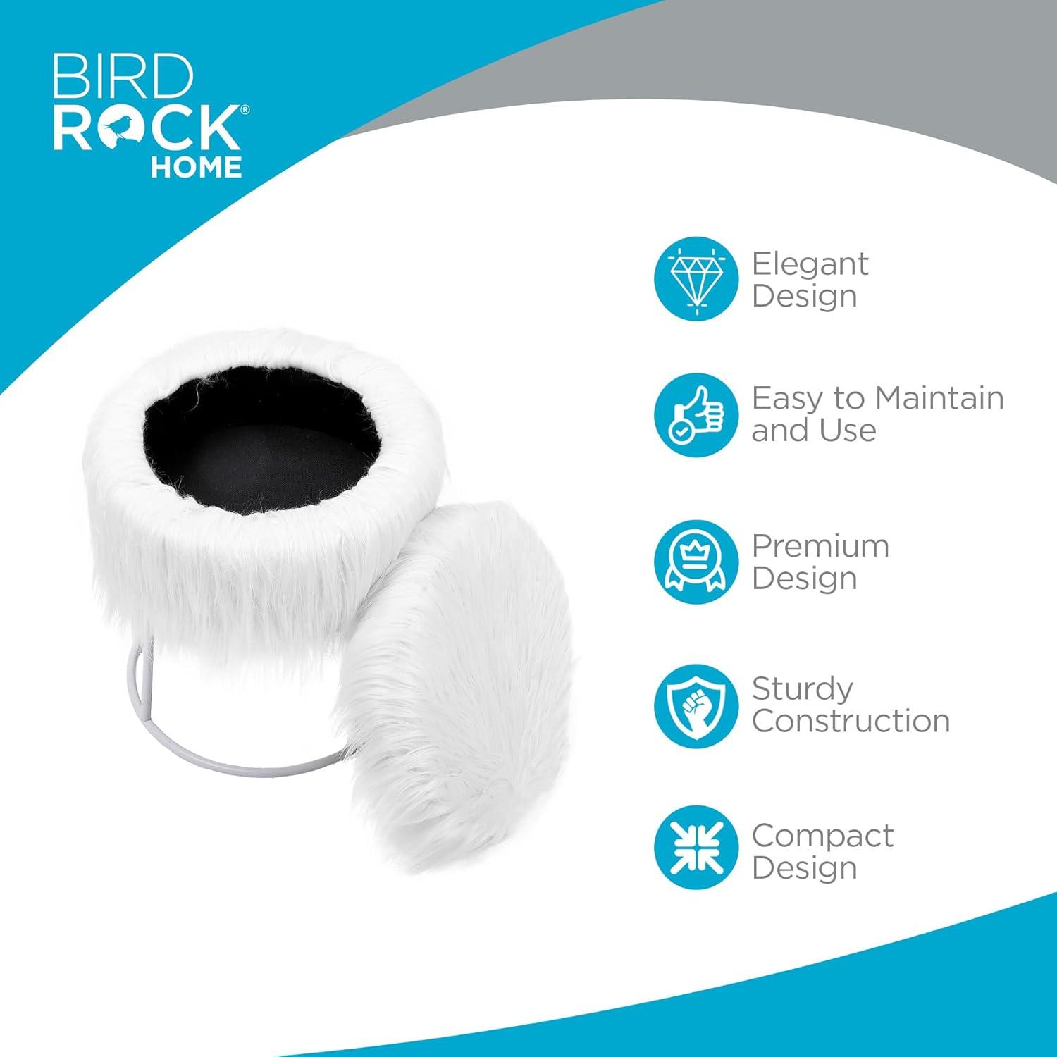 BirdRock Home Round White Faux Fur Foot Stool Storage Ottoman with Silver Legs
