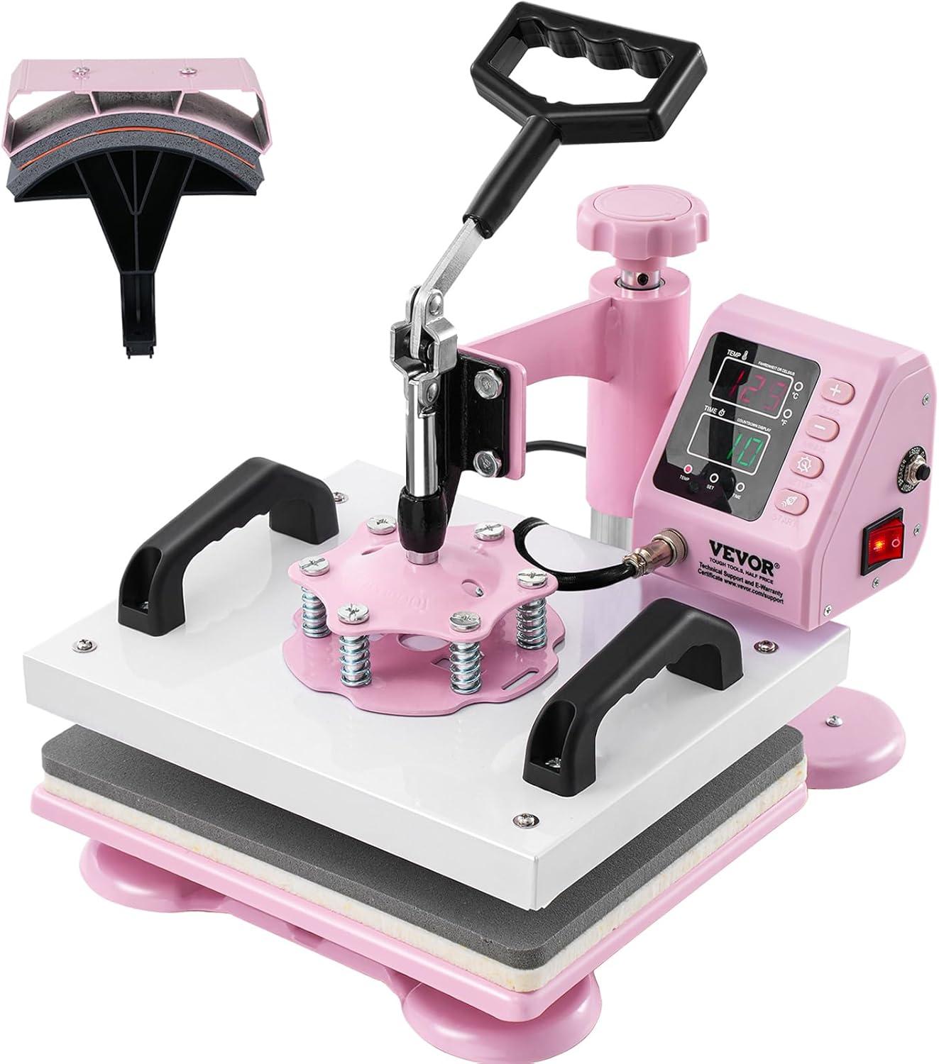 VEVOR Heat Press Machine 15x15 inch, Heat Press Machine for T-Shirts, 5 in 1 Heat Press with 30 OZ Tumbler Press, Combo Tumbler Heat Press Machine Sublimation for Hat Cap Mug Plate, Pink