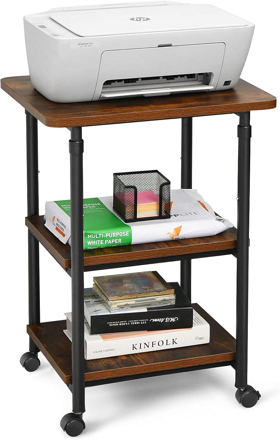 Tangkula 3-Tier Adjustable Rolling Under Desk Printer Cart with 3 Storage Shelves Printer Stand for home office