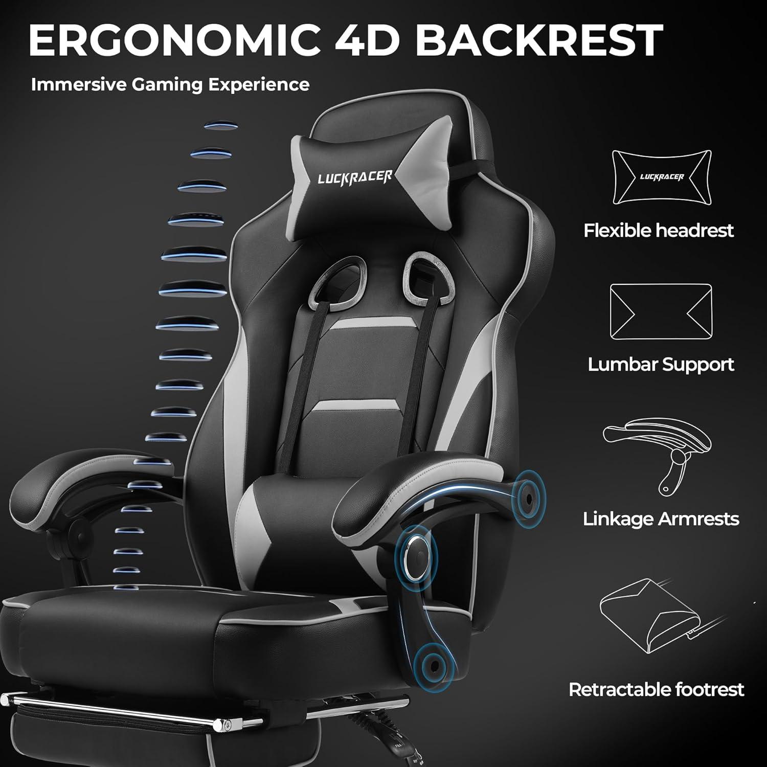 GTPLAYER Gaming Chair with Footrest, Big and Tall Game Chair 350lb Racing Style Computer Chair, Ergonomic Executive Office Chair High Back with Lumbar Support and Recliner, Gray