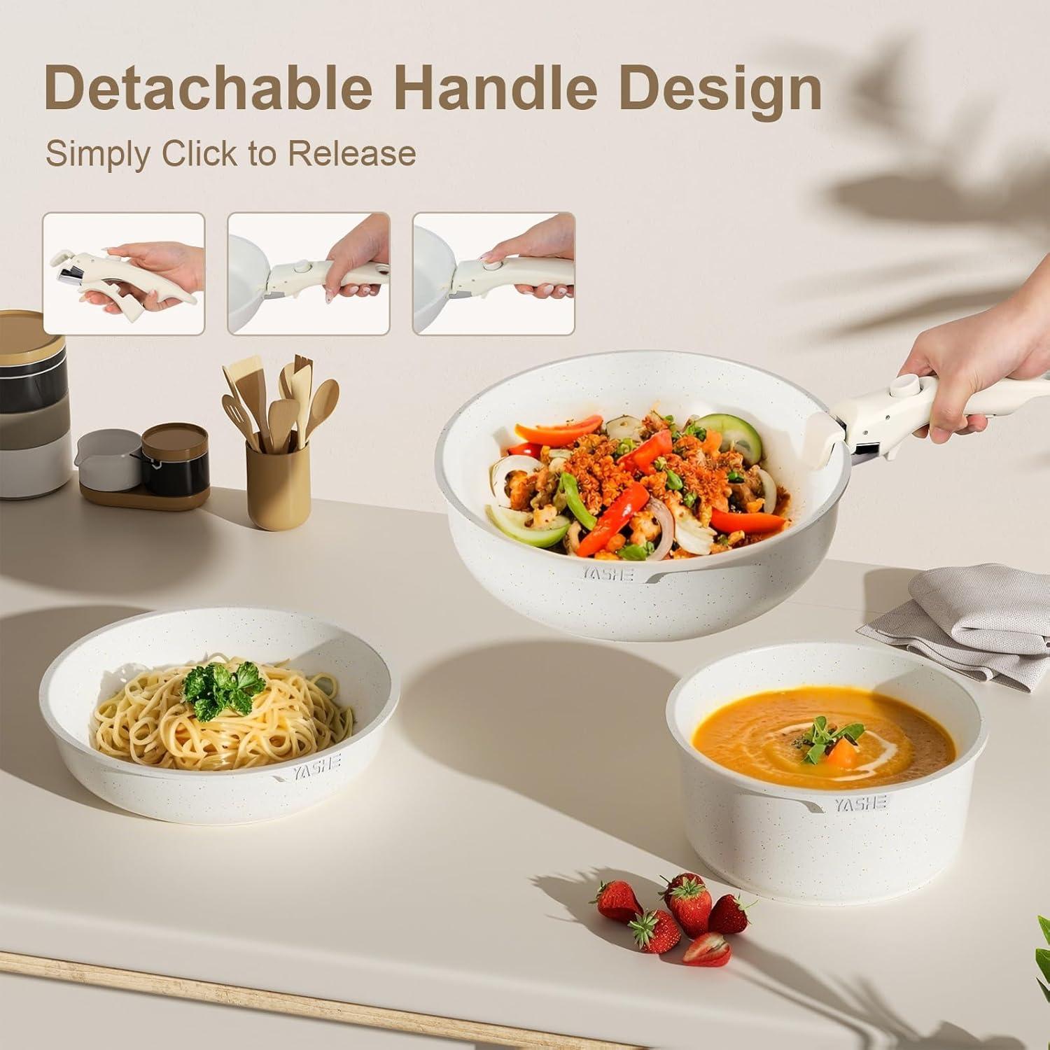 YASHE 13-Pieces Pots and Pans Set Non Stick, Ceramic Kitchen Cookware Set, Detachable Dandle Pots and Pans with Pan Protectors