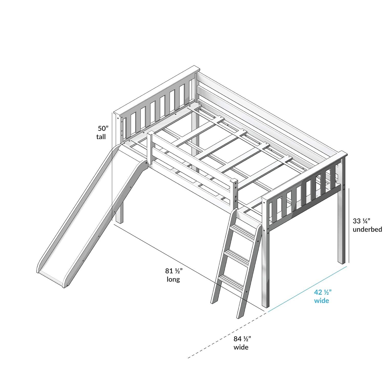 Max & Lily Low Loft Bed, Twin Bed Frame For Kids With Slide and Curtains For Bottom, White/Blue