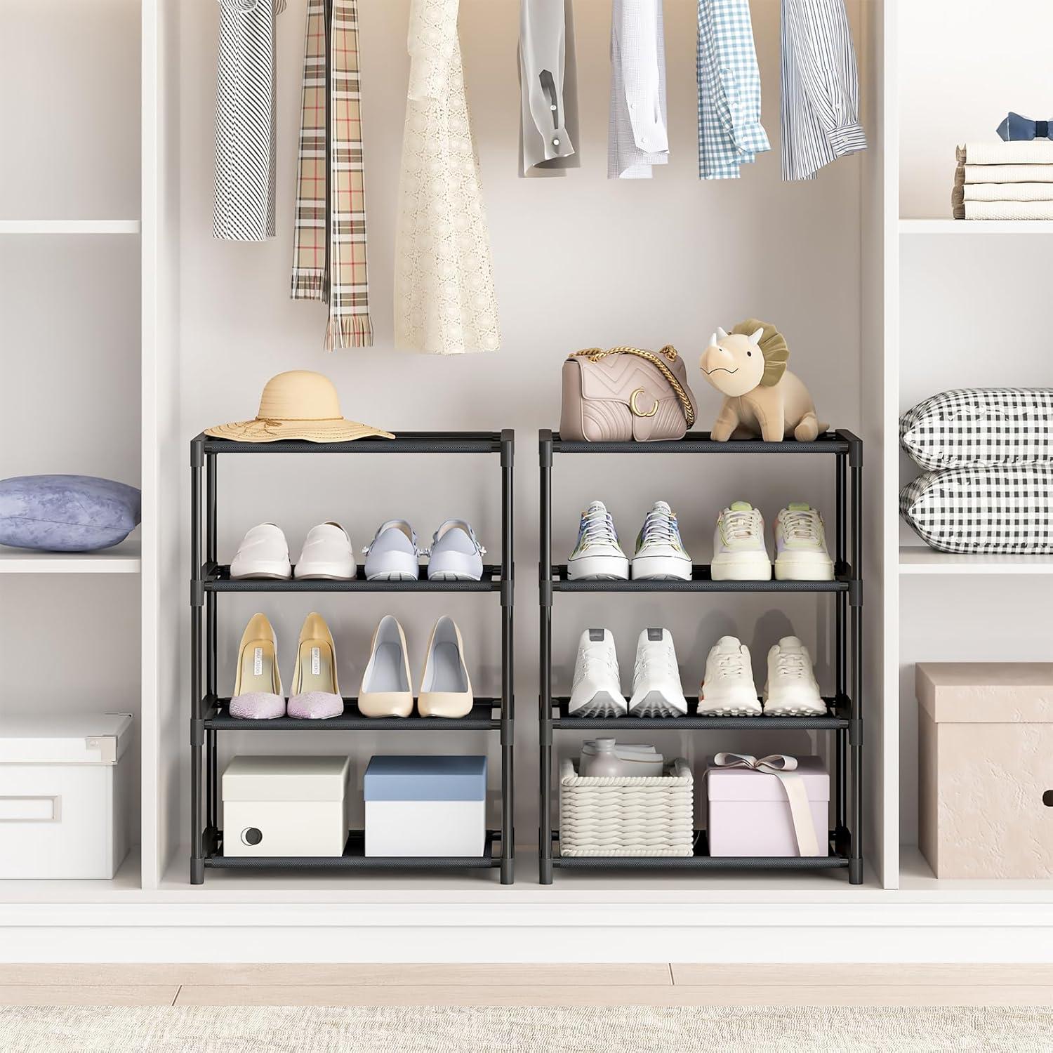 4 Tier Small Shoe Rack, Narrow Stackable Kids Toddler Adult Shoe Storage Organizer Shelf for Closet Floor Entryway Bedroom, Space Saver Shoe Rack Organization Shelves