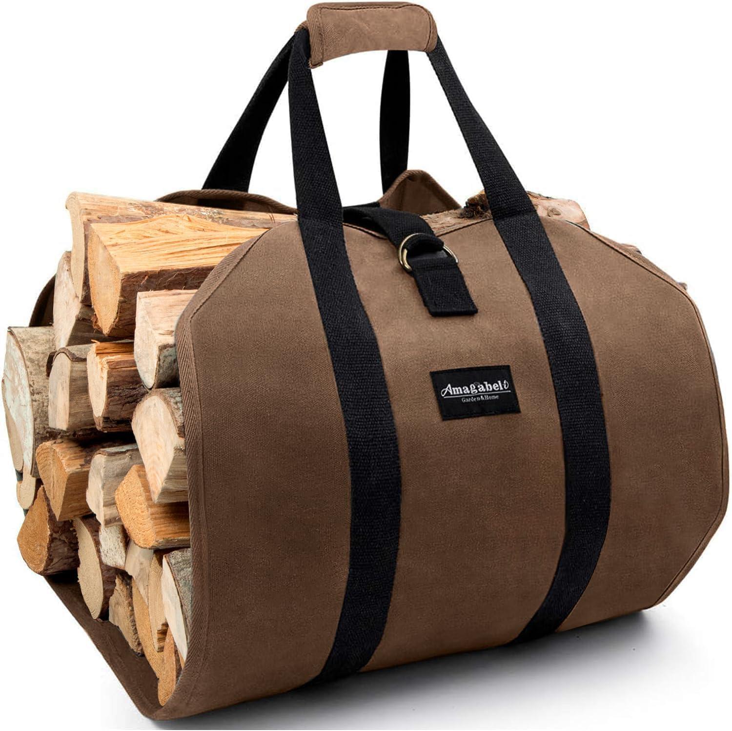 Large Brown Waxed Canvas Firewood Carrier Bag