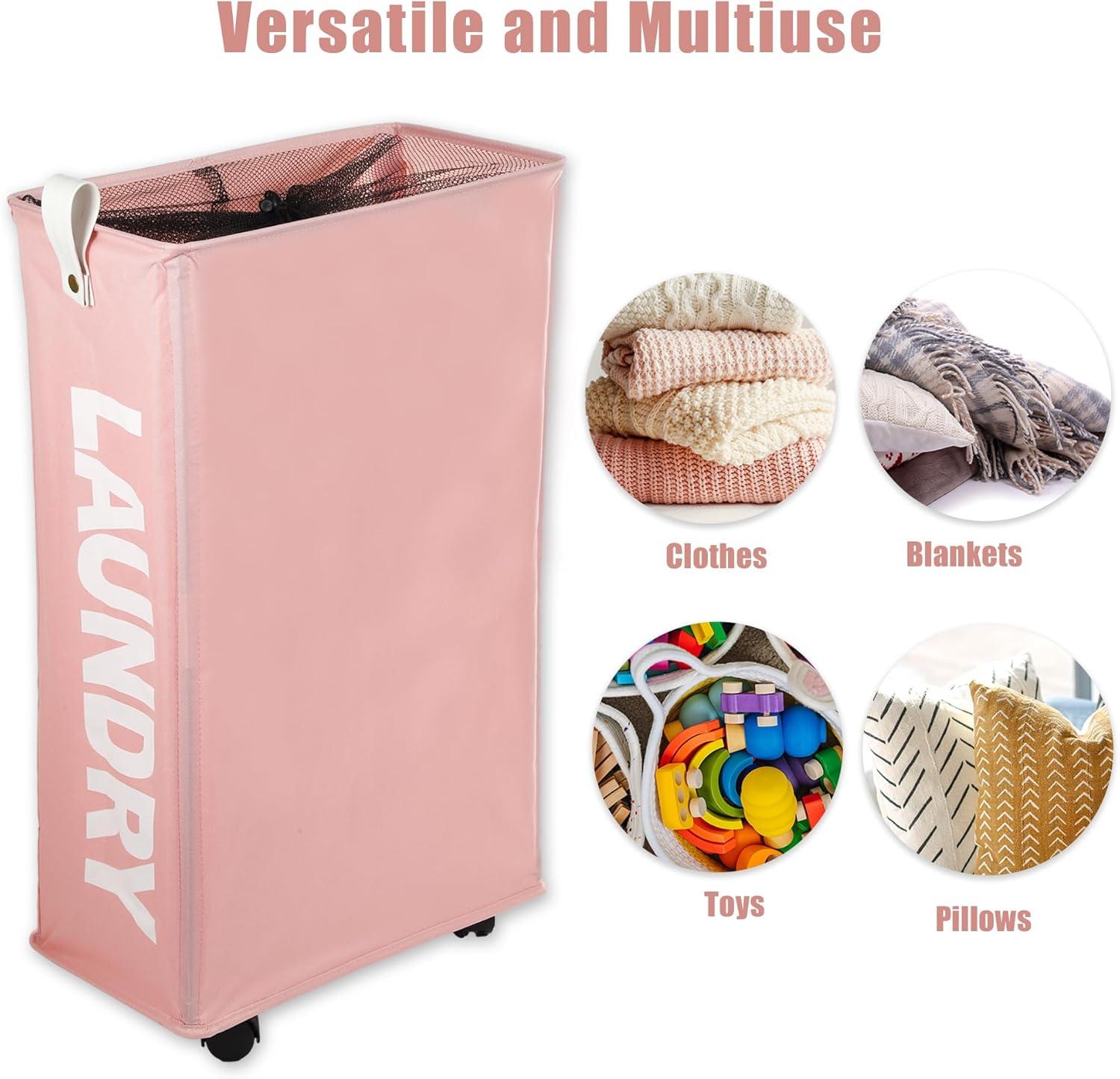 Unique Bargains Laundry Hamper with Wheels with Handle 27" Tall 1 Pc Pink