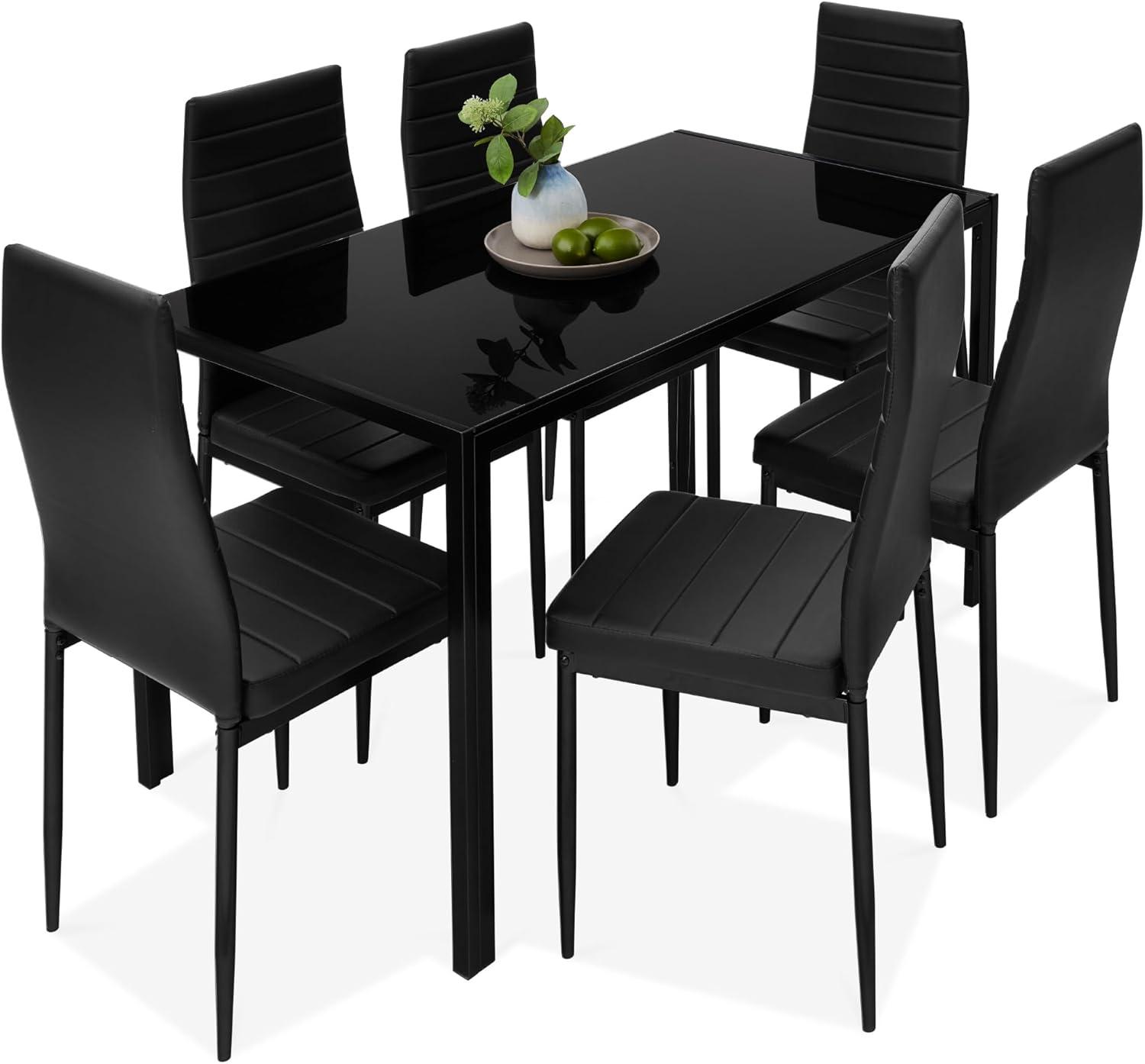 Black Glass Top Dining Table Set with 6 Faux Leather Chairs