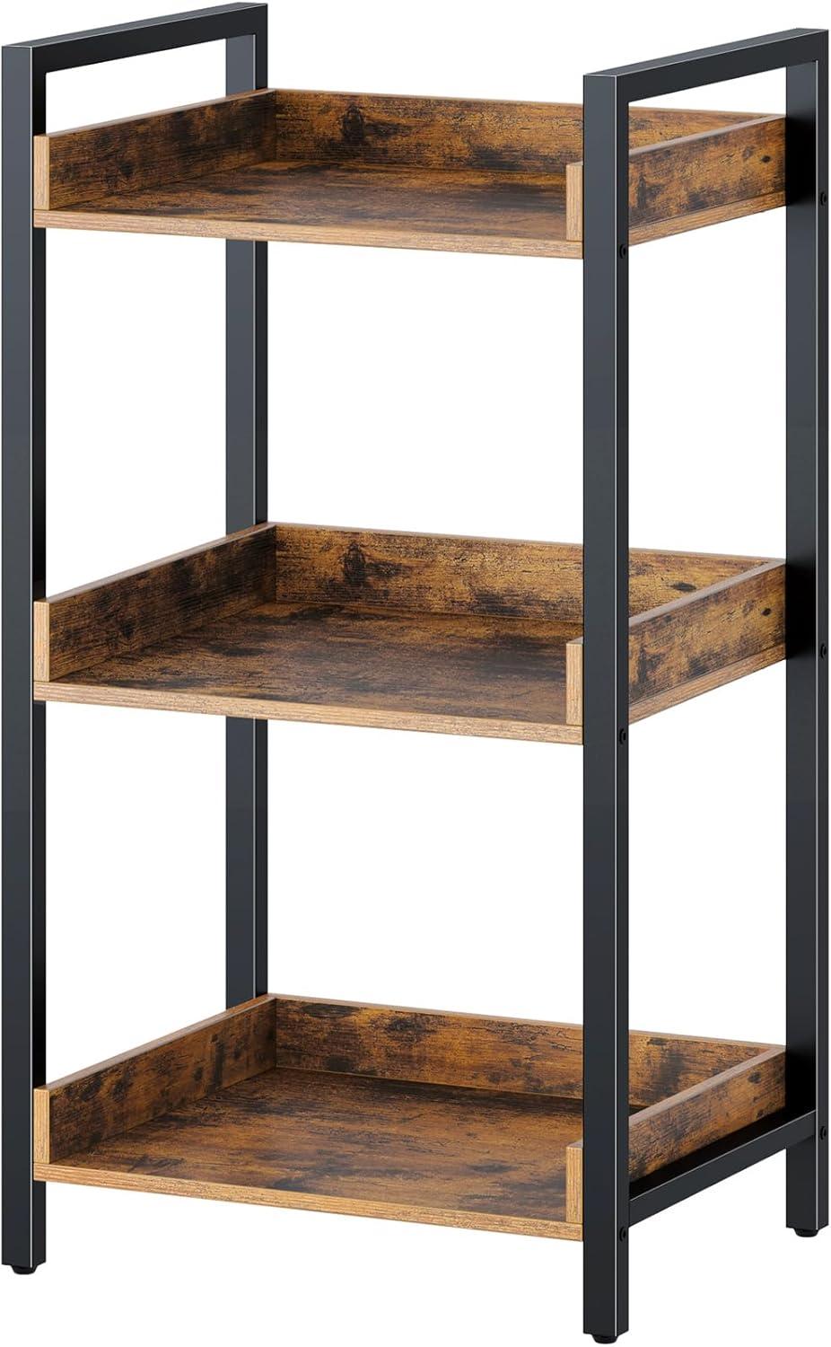 Rolanstar Bookshelf, 4-Tier Storage Rack, Narrow Corner Bookshelf, Display Wooden Shelves for Living Room, Bathroom, Balcony, Kitchen,Rustic Brown