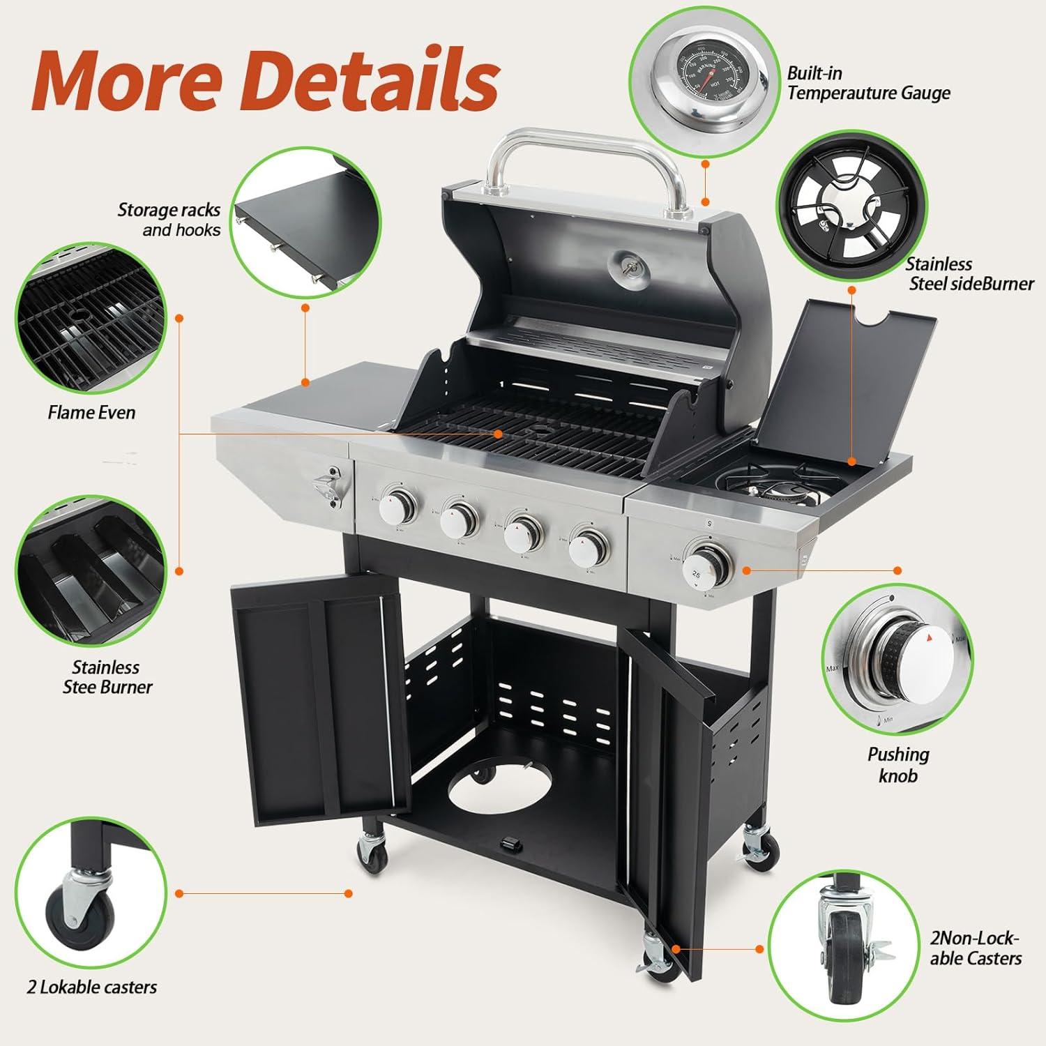 Stainless Steel 4-Burner Propane Gas Grill with Side Burner