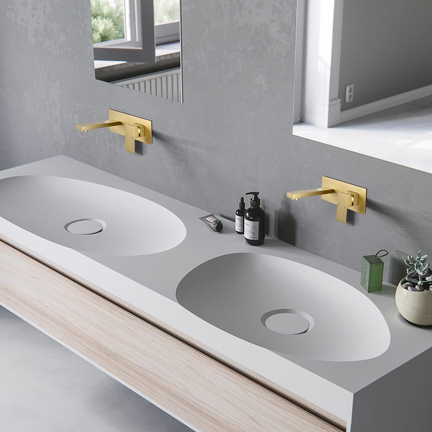 Products sumerain Wall Mount Bathroom Sink Faucet Brushed Gold and Rough in Valve Included, Left-Handed Single Handle