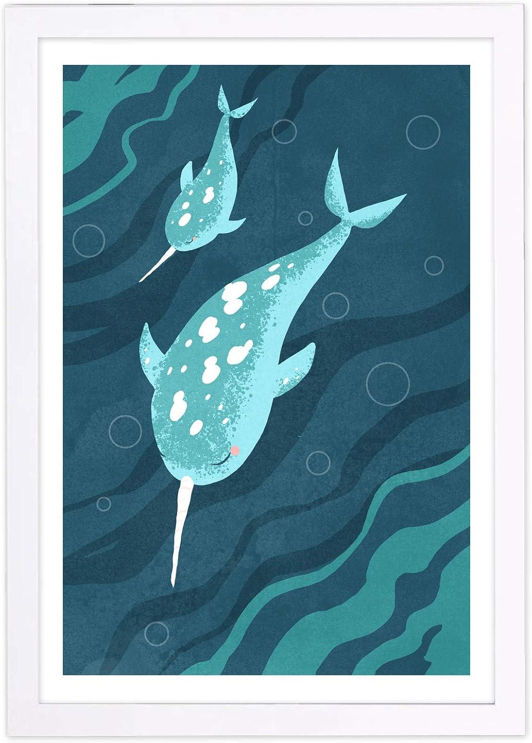 Wynwood Studio 15"x21" Narwhals Wall Art White Frame: Modern Mixed Media Animal Canvas, Wood Composite Frame, Vertical Layout