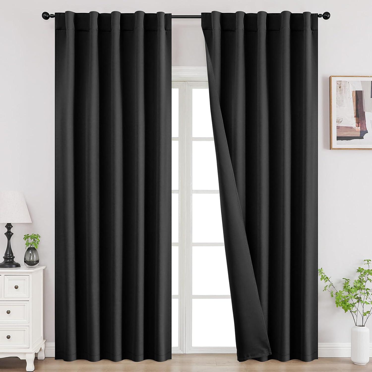 Joydeco Black Blackout Curtains 96 Inches Long, Thermal Insulated Curtains 2 Panels Set for Bedroom, Room Darkening Drapes for Living Room Window (W52 x L96 Inch, Black)
