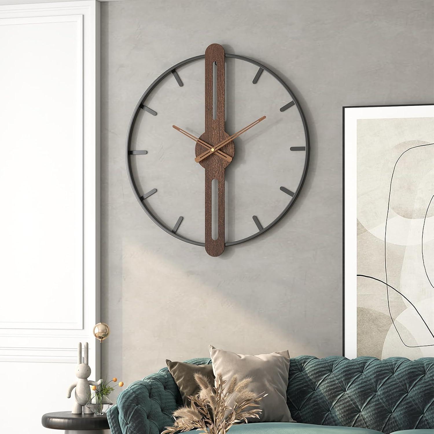 Modern Walnut and Metal Frame Silent 22.5" Wall Clock