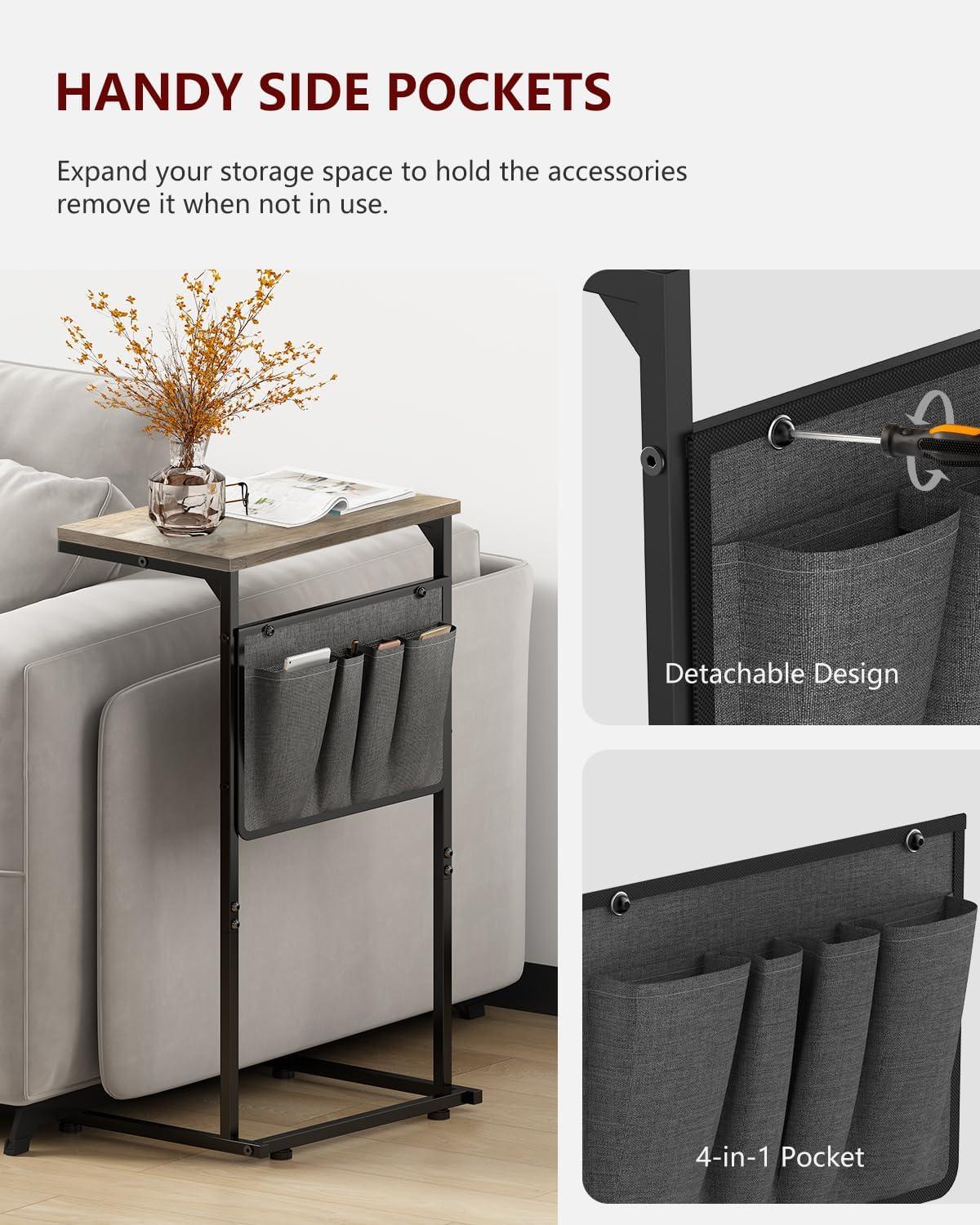 Small C-Shaped End Table: Slide Under Sofa with Storage Bag, Metal Frame, Living Room & Bedroom, Greige