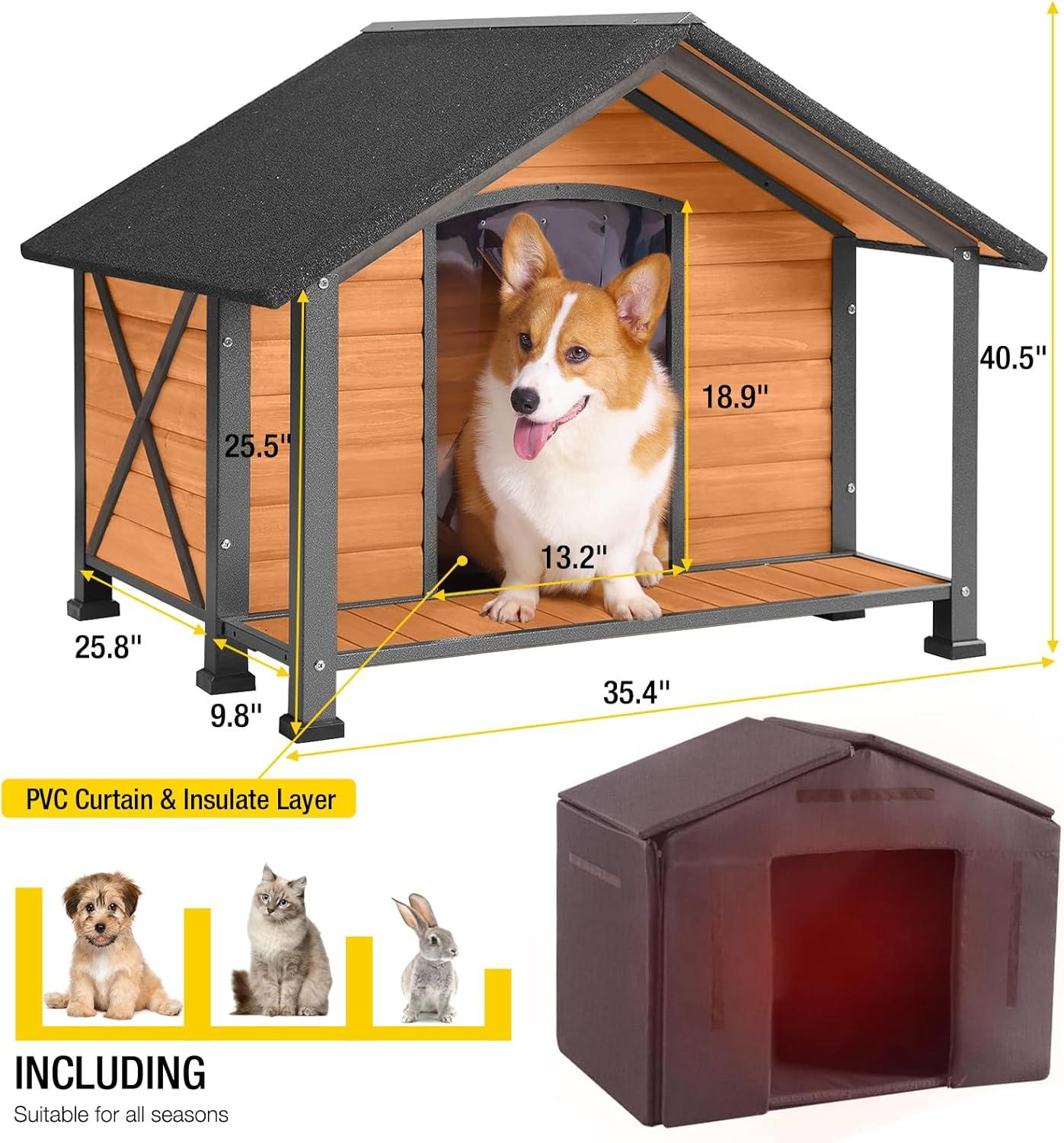 Large Brown Wooden Dog House with Metal Frame and Porch