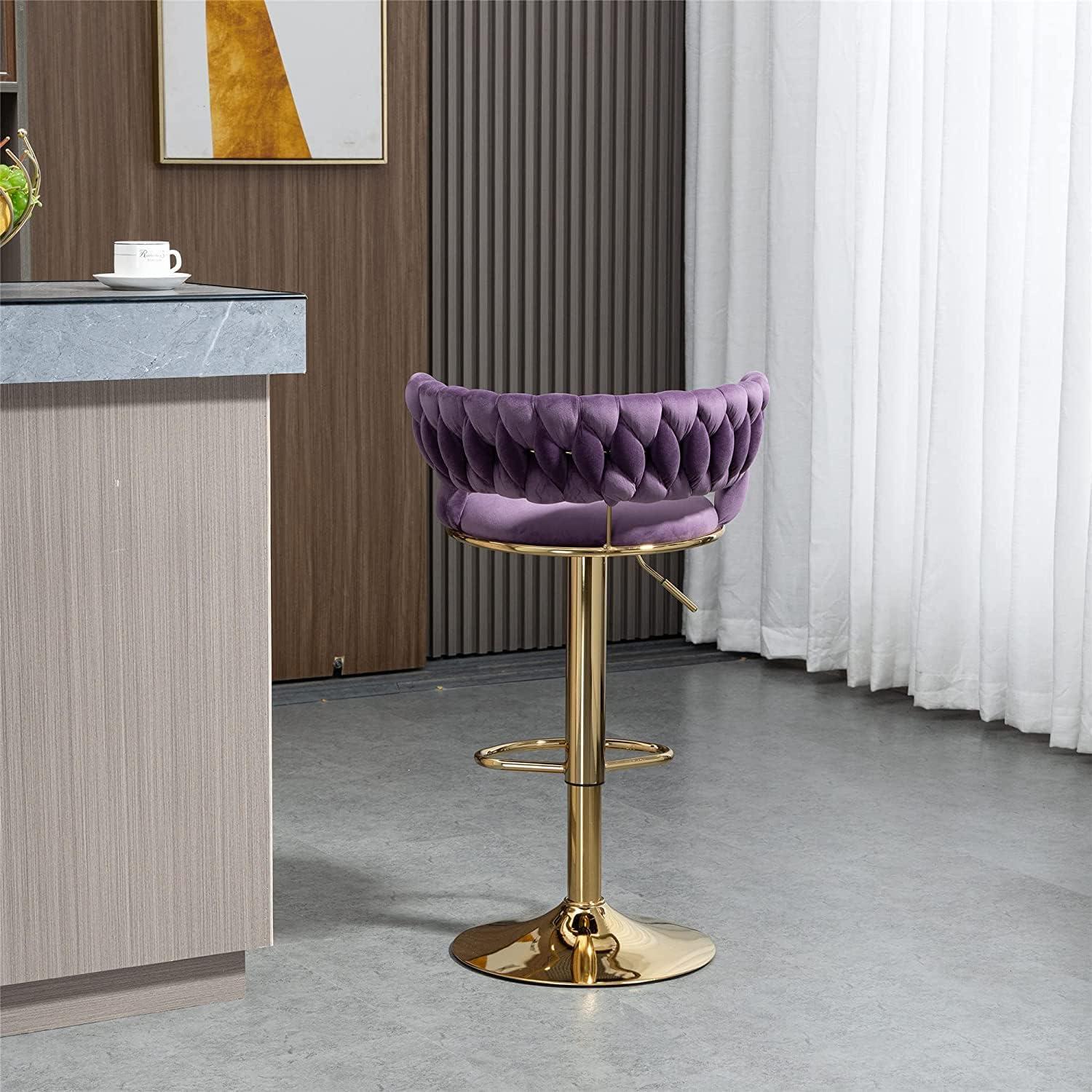 Kakotito 360° Velvet Swivel Bar Stools with Low Back & Footrest, Adjustable Counter Barstools, Silver Bar Stool (Set of 2 - Silver Version, Pink)