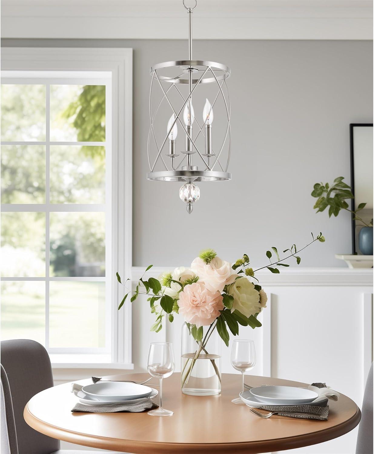 Elegant Brushed Nickel 3-Light Crystal Cage Pendant Chandelier