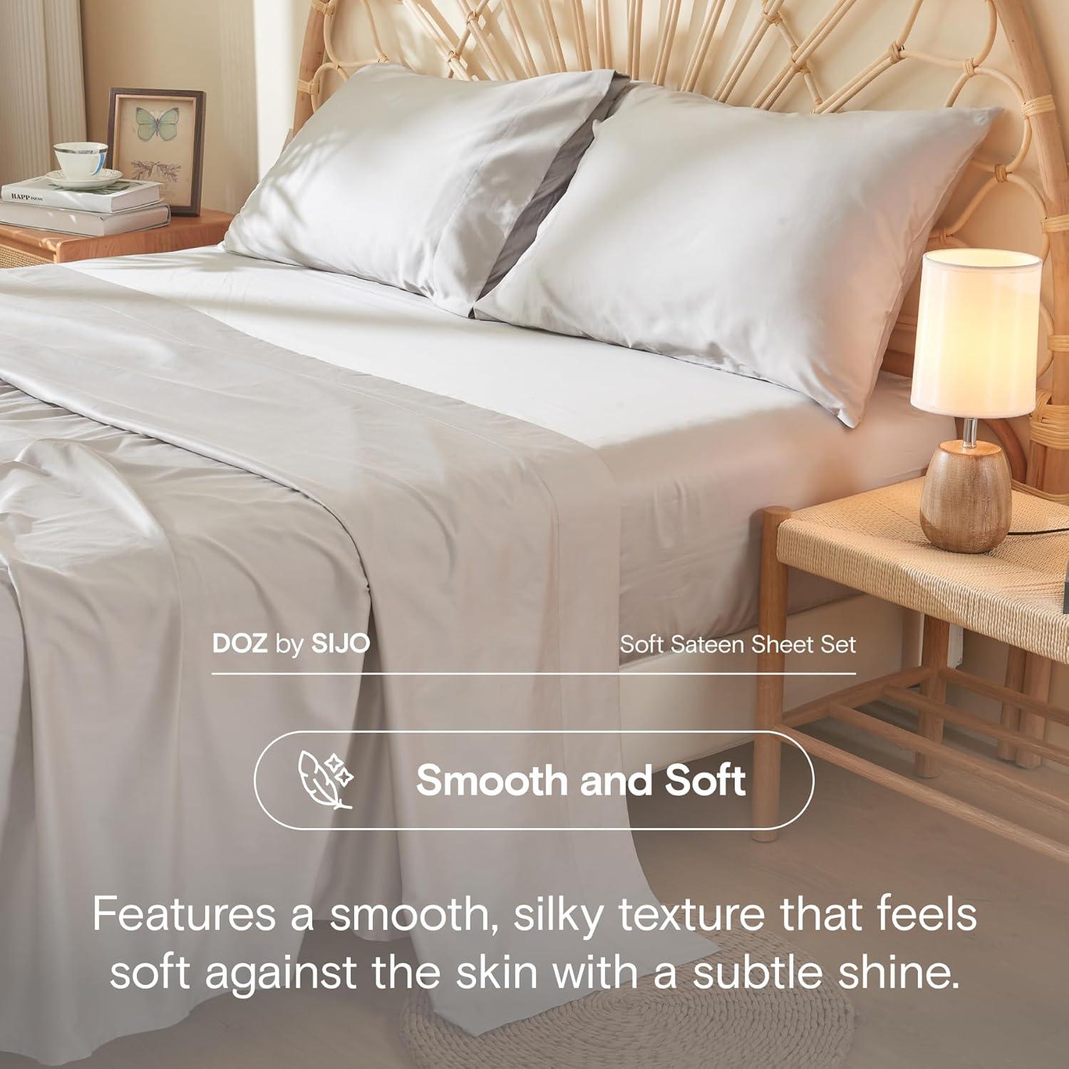 DOZ 100% Long Staple Cotton Sheet Sets, Soft Sateen Weave Cotton, Smooth, Breathable, Cooling Sheets, Hotel Comfort, Durable, 3pc – 2 Pillowcases 1 Fitted (Dove, King)