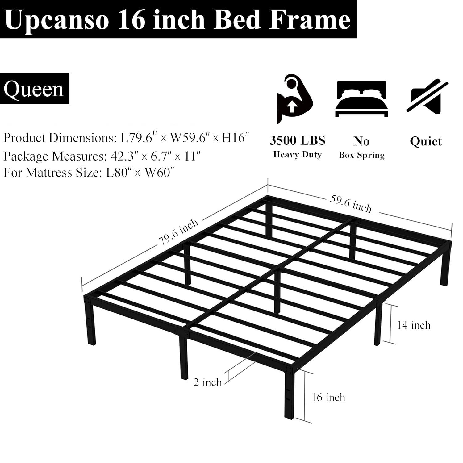 16 Inch Queen Bed Frame No Box Spring Required, Metal Platform Queen Size Bed Frames with 14 Inch Storage, 3,500 lbs Heavy Duty Steel Slats Support, Easy Assembly Mattress Foundation