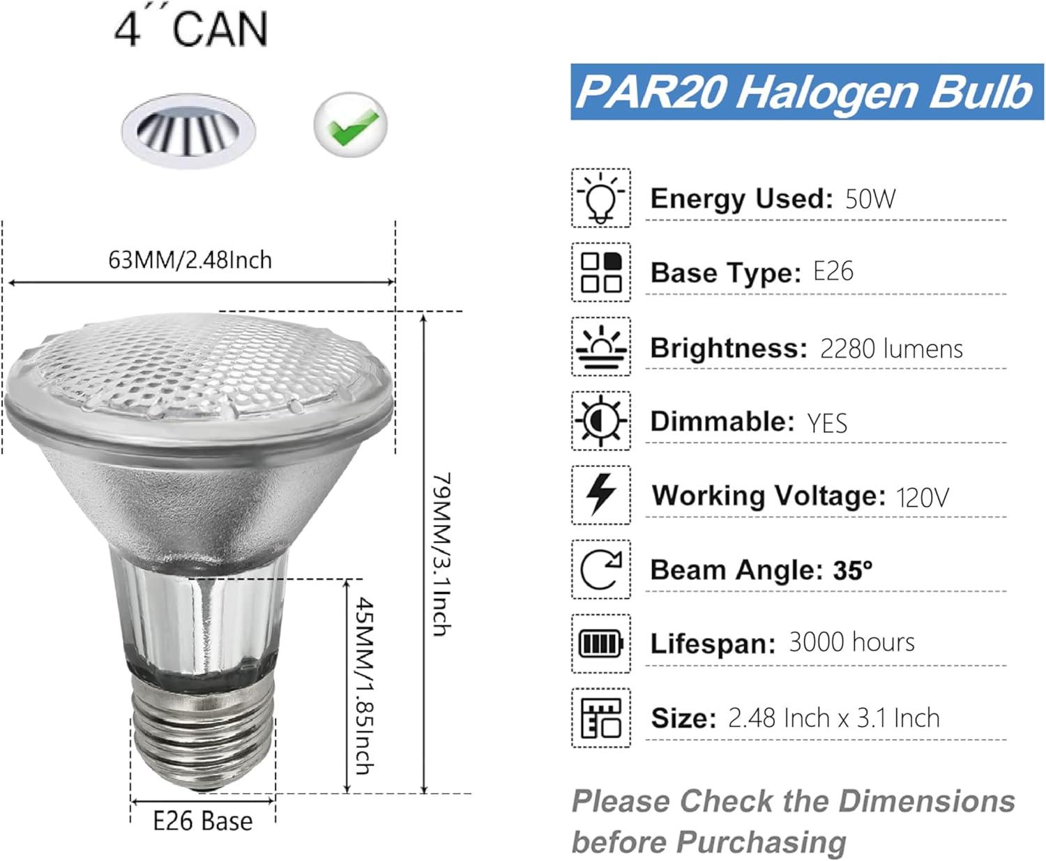 6PCS Par20 Halogen 50W 120V Dimmable, Long Lifespan E26 Par20 Light Bulb with 3000K Warm White for Indoor/Outdoor