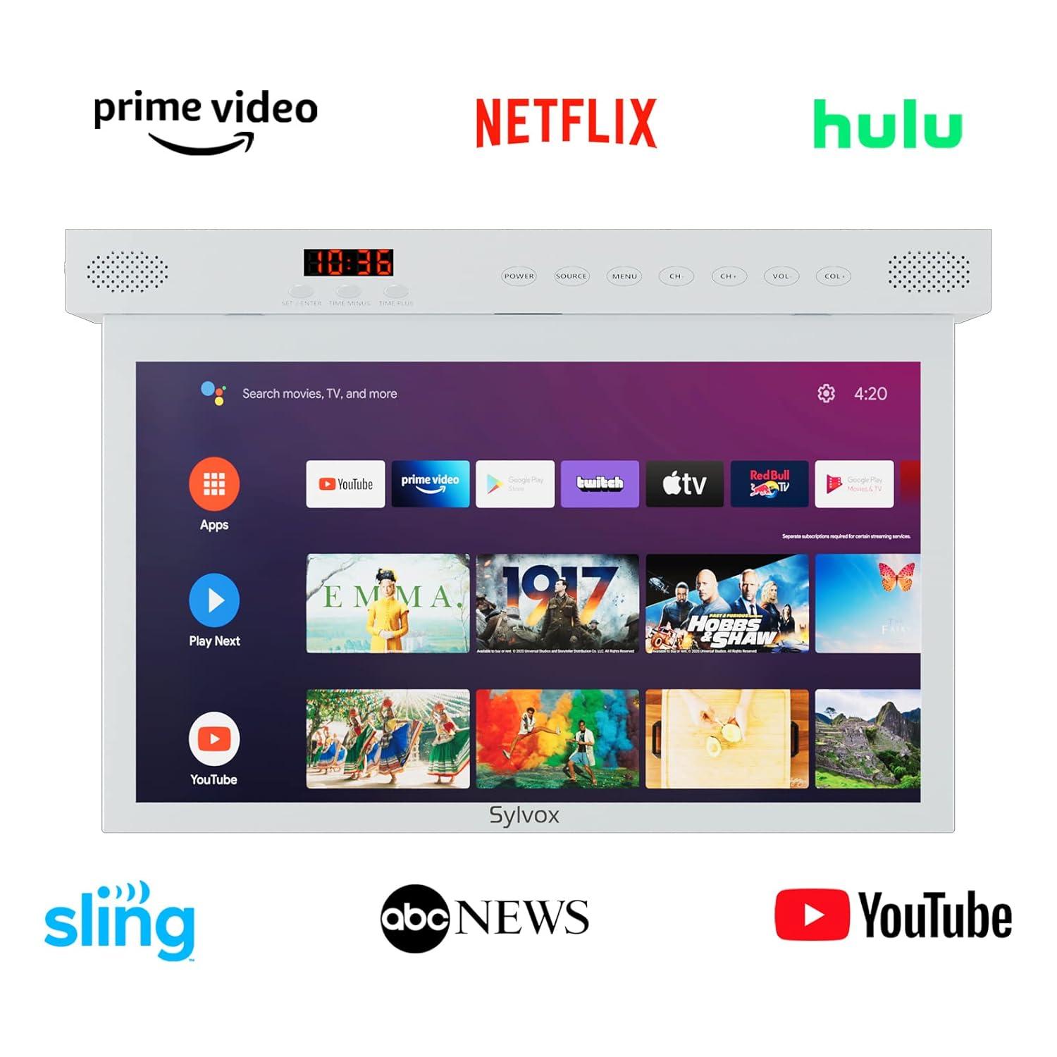 SYLVOX 15.6 inch Smart Kitchen TV, 1080P FHD Under Cabinet TV, Smart Android TV Built-in Google Play, Support Google Assistant WiFi Bluetooth