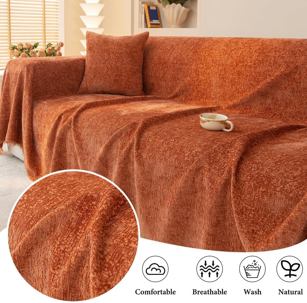 AMWAN Nordic Style Slub Chenille Sofa Cover Burnt Orange Couch Cover Slipcover for 3 Cushion Couch Sectional L Shaped Dogs Pets Sofa Protector 71"x134"